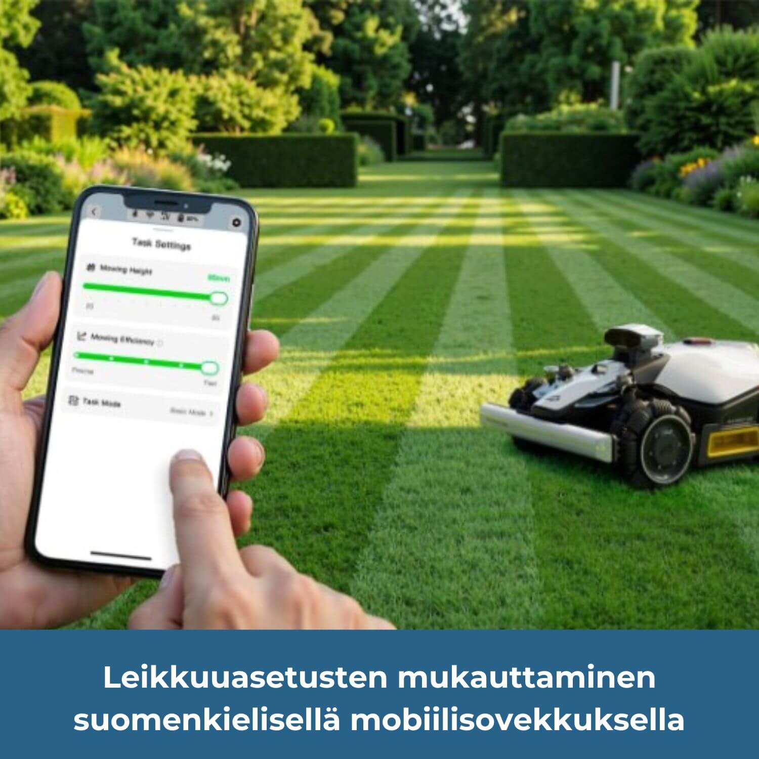 MAMMOTION LUBA mini 2 AWD 1000 rajalangattoman robottiruohonleikkurin leikkuuasteuksia voi mukauttaa suomenkielisellä mobiilisovelluksella.