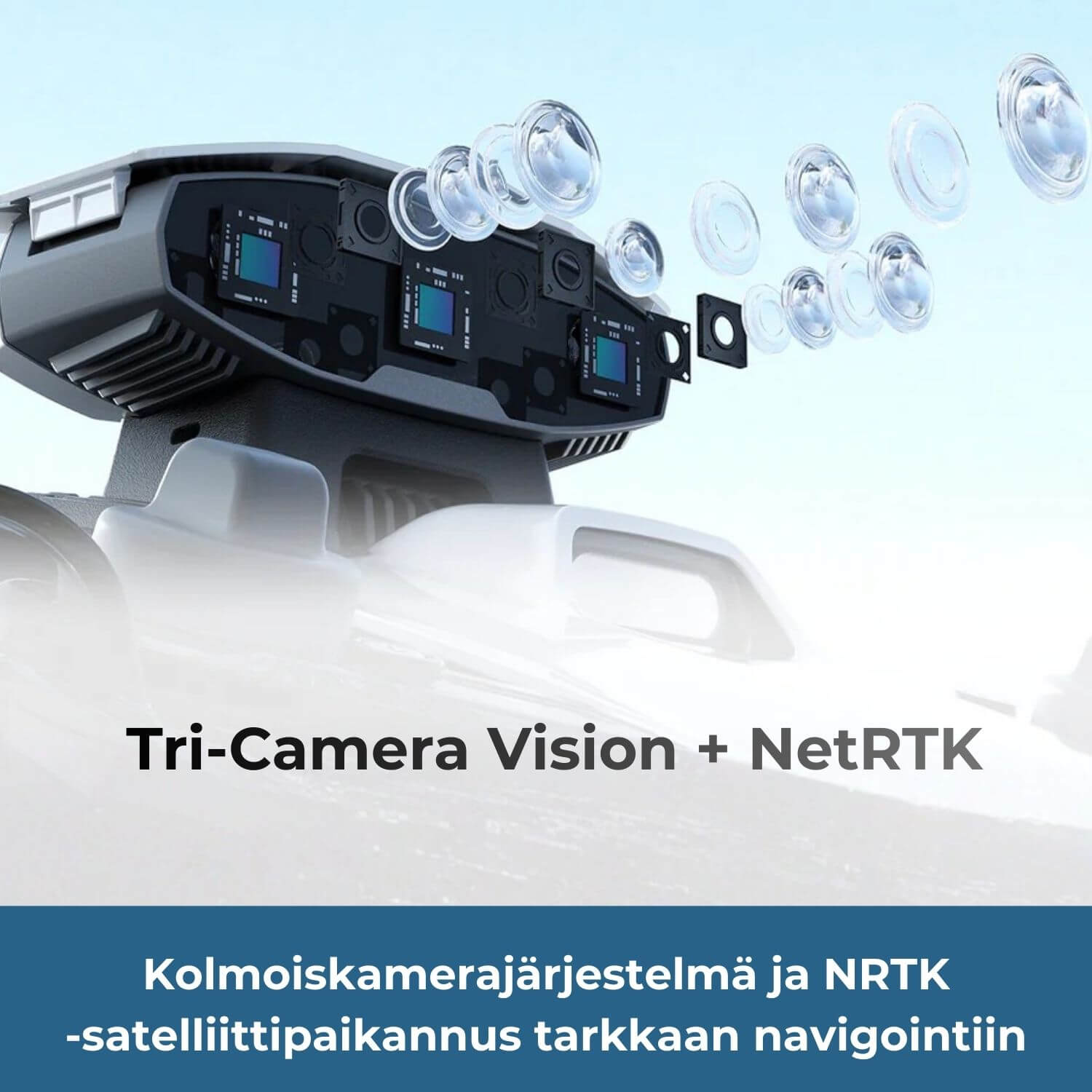 MAMMOTION LUBA mini 2 AWD 1000 rajalangattomassa robottiruohonleikkurissa on kolmoiskamerajärjestelmä (Tri-Camera Vision) ja Netork RTK-satelliittipaikannus tarkkaan navigointiin.