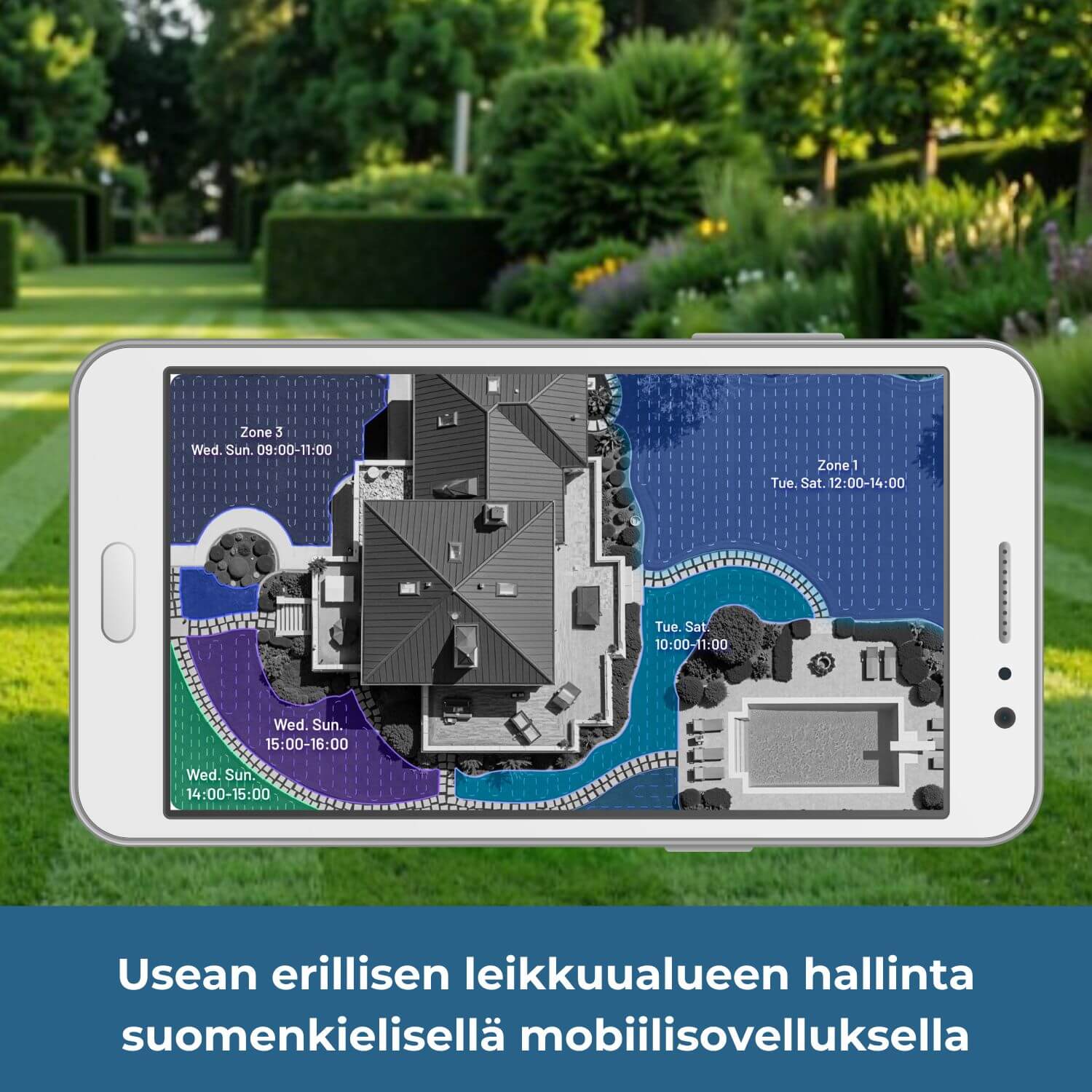 MAMMOTION LUBA mini 2 AWD 1000 rajalangattoman robottiruohonleikkurin suomenkielisellä mobiilisovelluksella voi hallita useita erillisiä leikkuualueita/vyöhykkeitä.