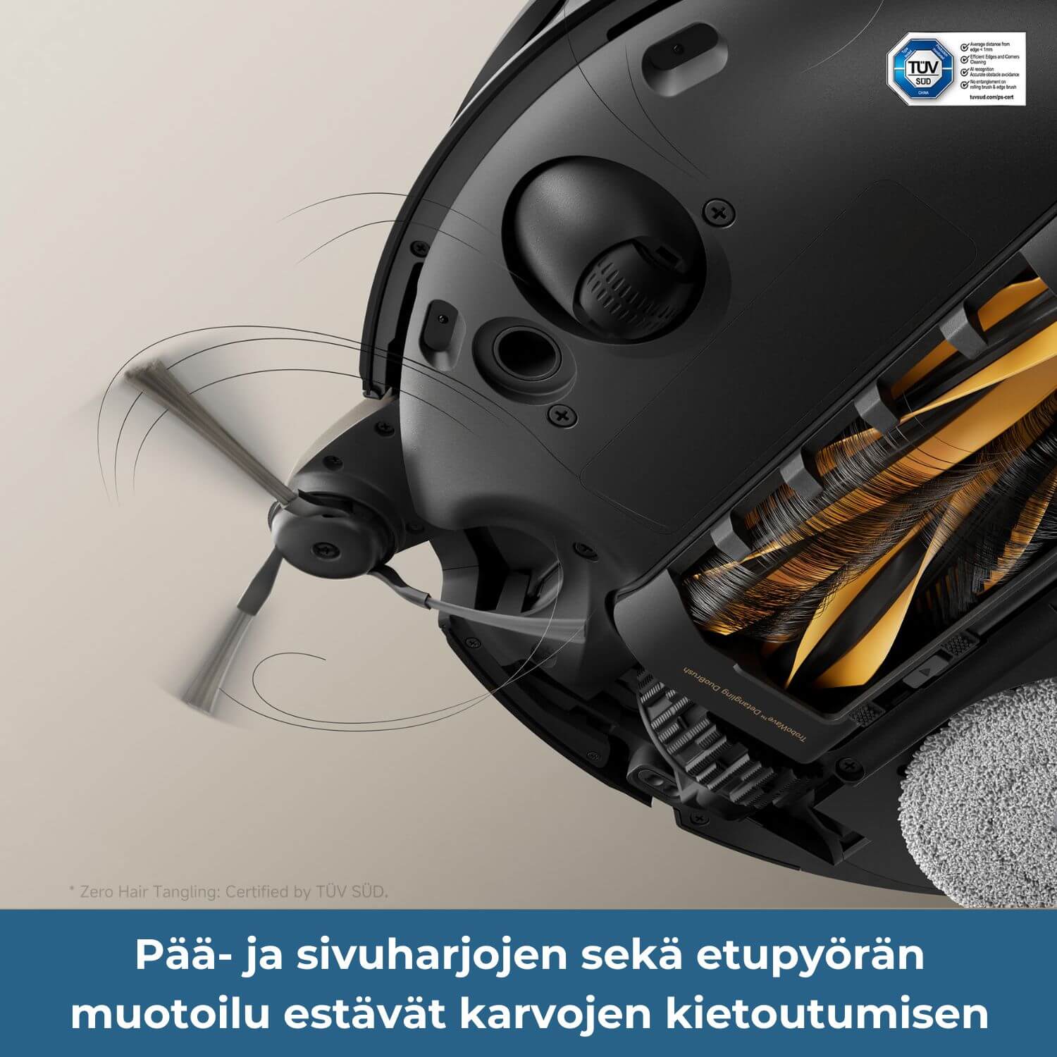MOVA V50 Ultra robotti-imuri etupyörä ja harjat estävät karvojen kerääntymisen.
