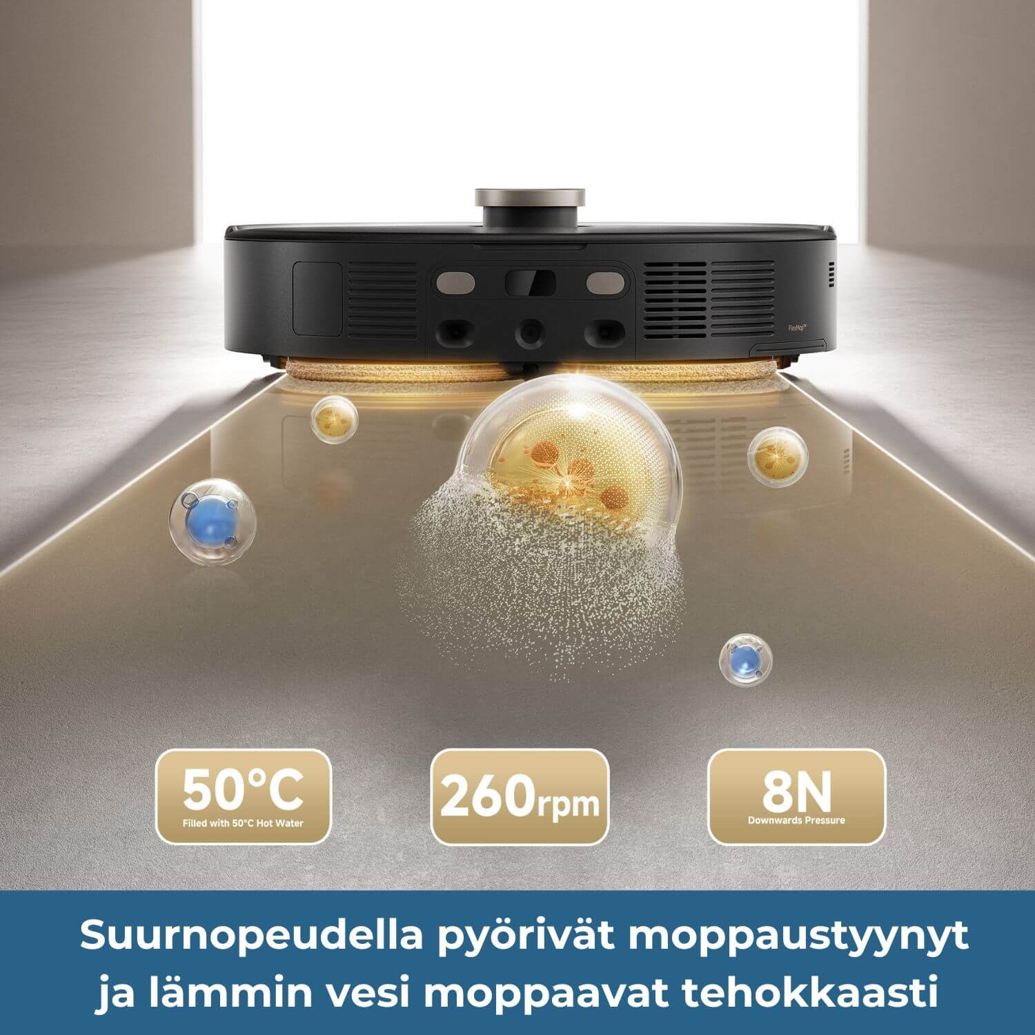  MOVA V50 Ultra moppaa tehokkaasti lämpimällä vedellä