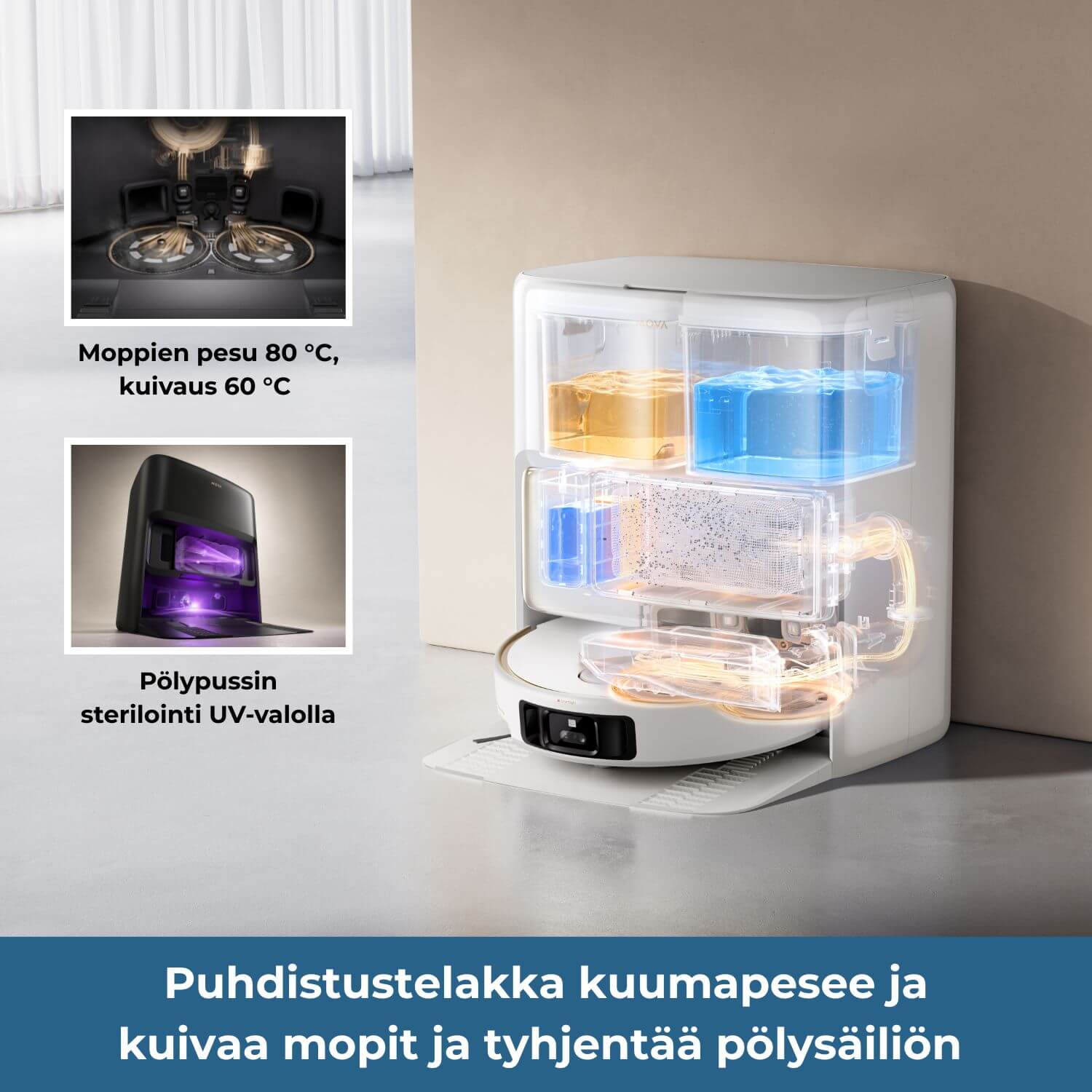 MOVA V50 Ultra puhdistustelakka, joka pesee ja kuivaa mopit sekä tyhjentää pölysäiliön UV-valolla.