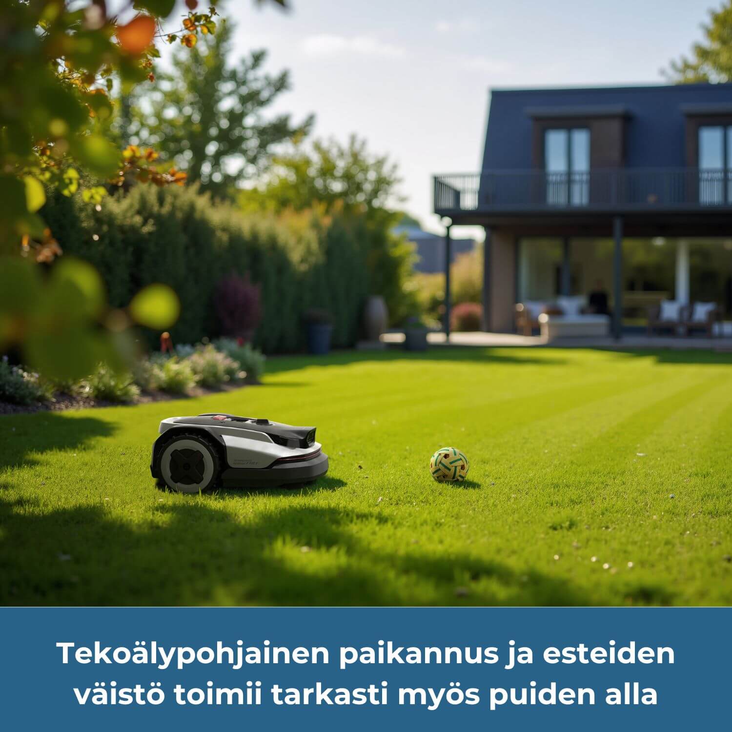 Roborock Neo Q105/Q110 rajalangaton robottiruohonleikkurin tekoälypohjainen paikannus ja esteiden väistö toimii tarkasti myös katvealueilla, kuten puiden alla.