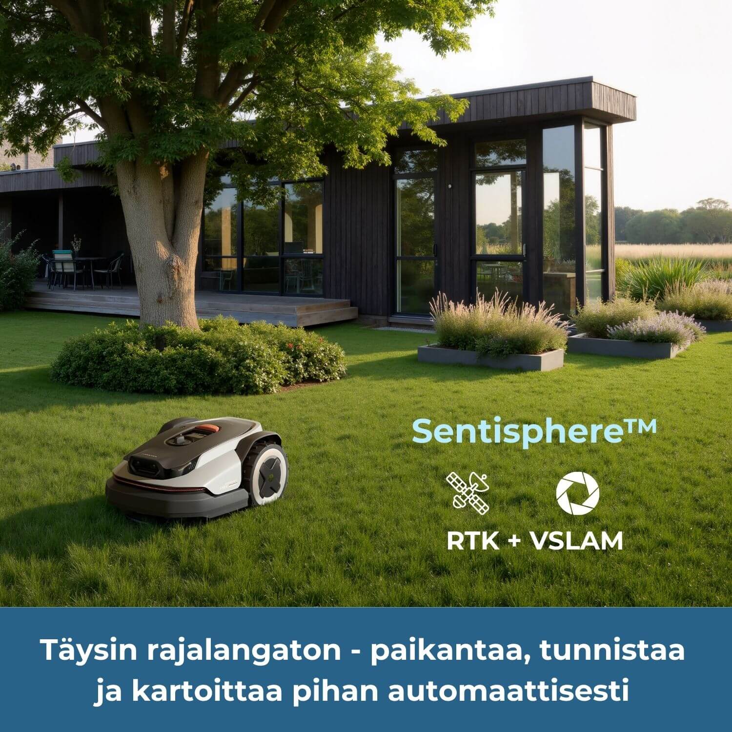 Roborock Rock Neo Q105/Q110 robottiruohonleikkuri on täysin rajalangaton. Se paikantaa, tunnistaa ja kartoittaa pihan automaattisesti.