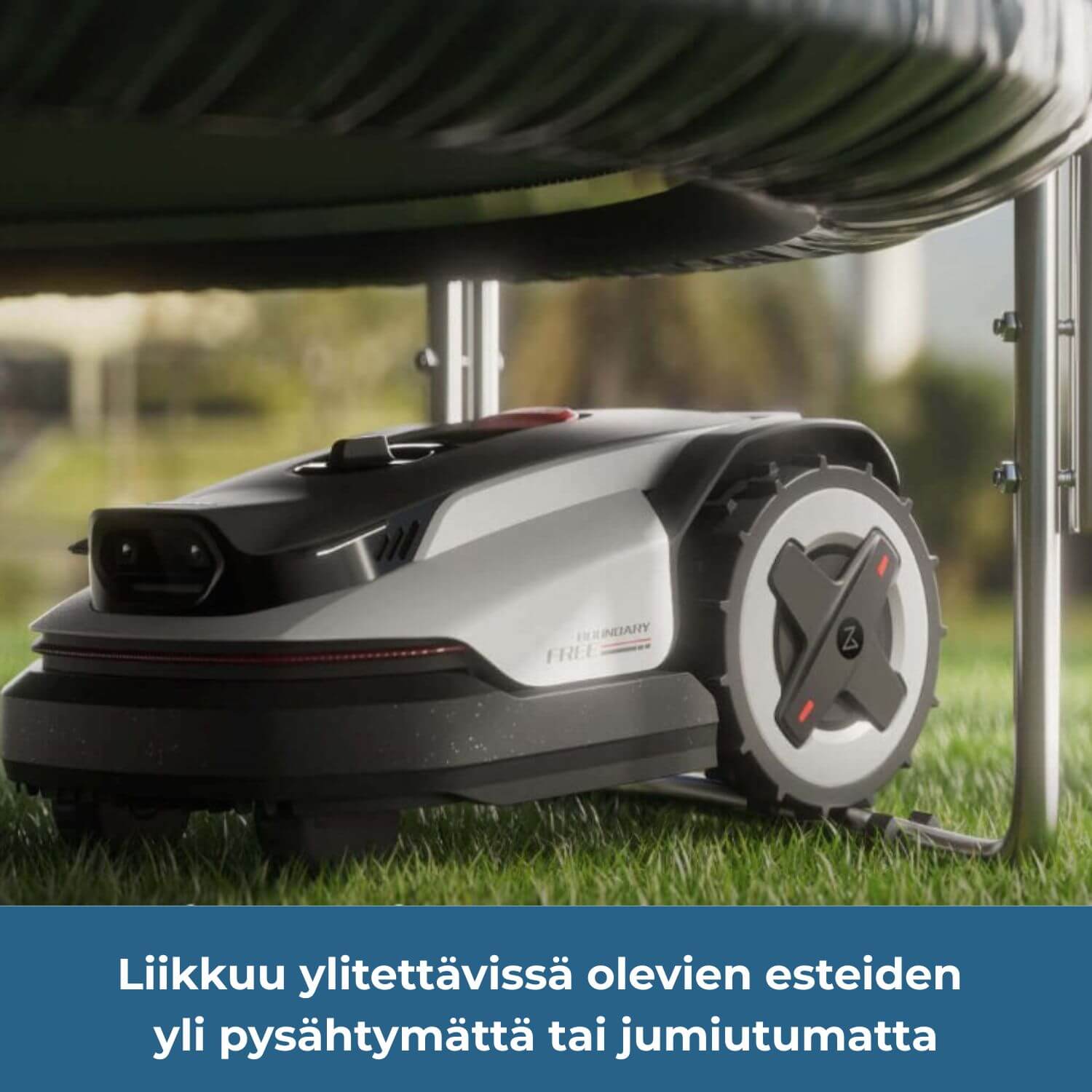 Roborock Neo Q105/Q110 rajalangaton robottiruohonleikkuri liikkuu ylitettävissä olevien esteiden yli pysähtymättä tai jumiutumatta. Se ei juutu kiinni esimerkiksi trampoliinin metallijalkoihin.