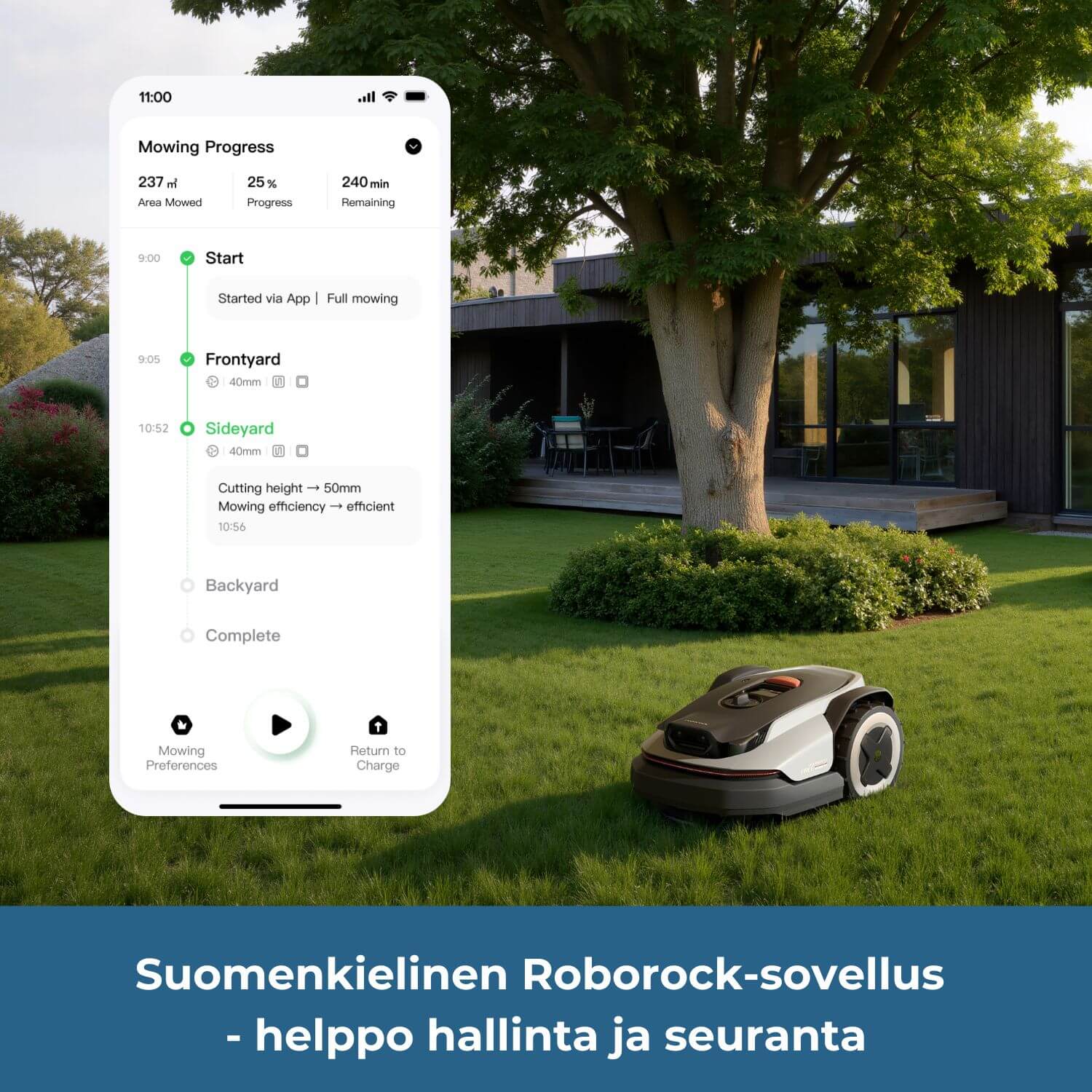Roborock Neo Q105/Q110 rajalangaton robottiruohonleikkuria voi seurata ja hallita helposti suomenkielisen Roborock-mobiilisovelluksen avulla. Mobiilisovelluksesta voi seurata ja säätää mm. leikkuualueita, leikkuun edistymistä, leikkuutehoa ja leikkuukorkeutta.