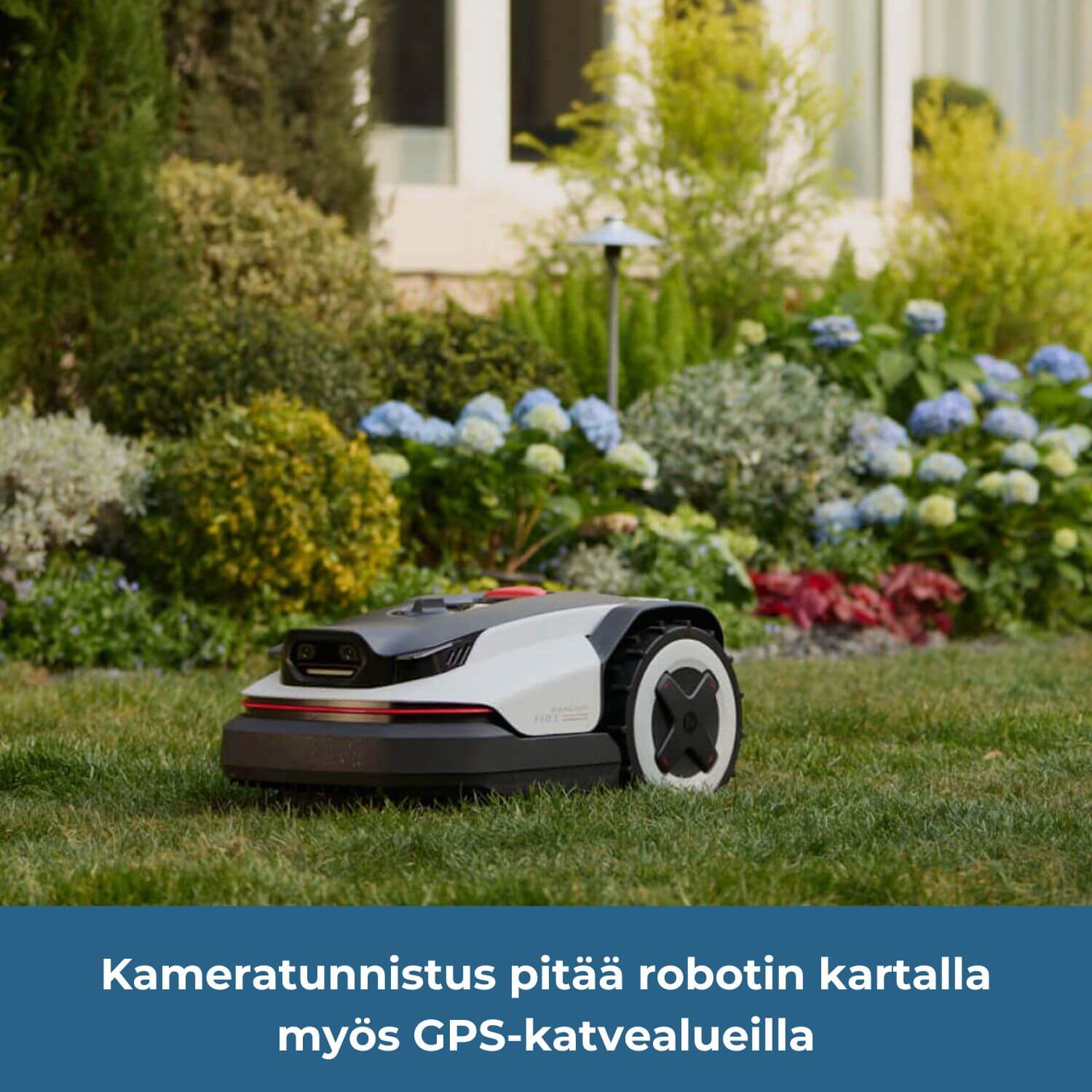 Roborock Neo Q105/Q110 rajalangaton robottiruohonleikkurin kameratunnistus pitää robotin kartalla myös GPS-katvealueilla, kuten rakennusten takana.