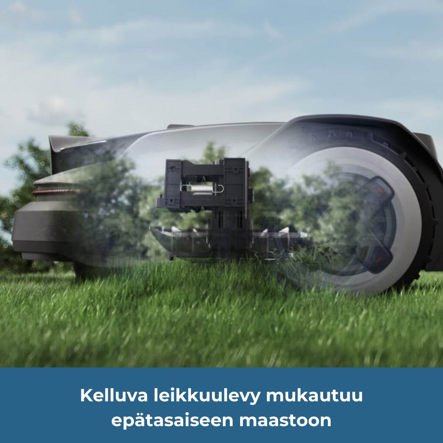 Roborock Neo Q105/Q110 rajalangaton robottiruohonleikkurissa on kelluva leikkuulevy, joka mukautuu epätasaiseen maastoon.