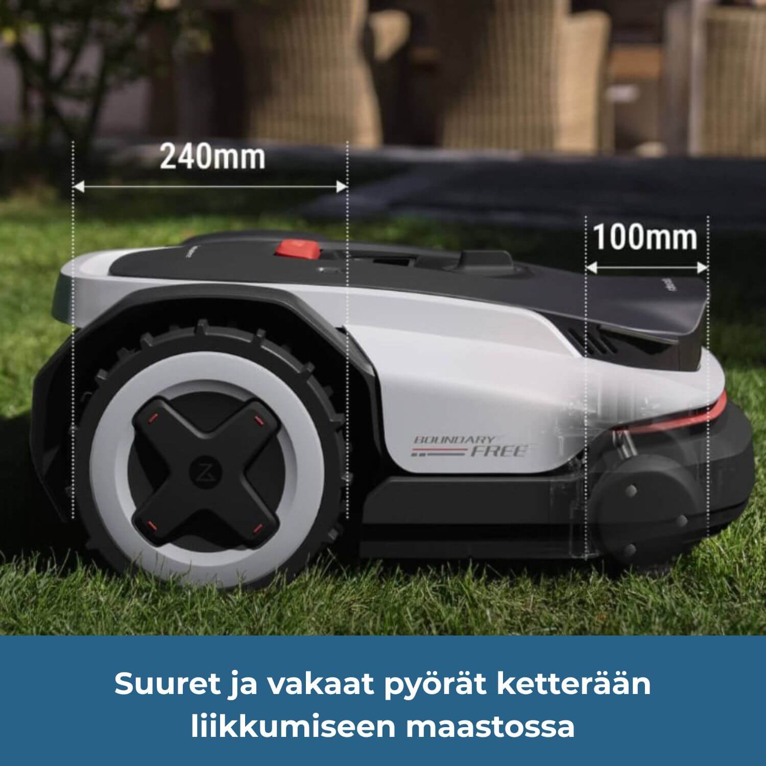 Roborock Neo Q105/Q110 rajalangaton robottiruohonleikkurissa on suuret ja vakaat pyörät ketterään liikkumiseen maastossa. Etupyörien halkaisija on 100mm ja takapyörien halkaisija on 240mm.
