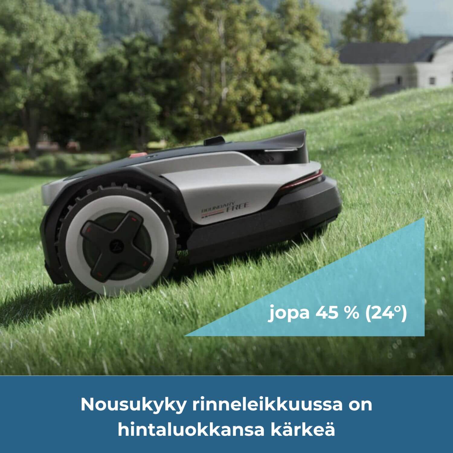 Roborock Neo Q105/Q110 rajalangaton robottiruohonleikkurin nousukyky rinneleikkuussa on jopa 45% (24 astetta). Kaltevien maastojen kiipeilykyky on kärkiluokkaa muihin saman hintaluokan vastaaviin malleihin verrattuna.