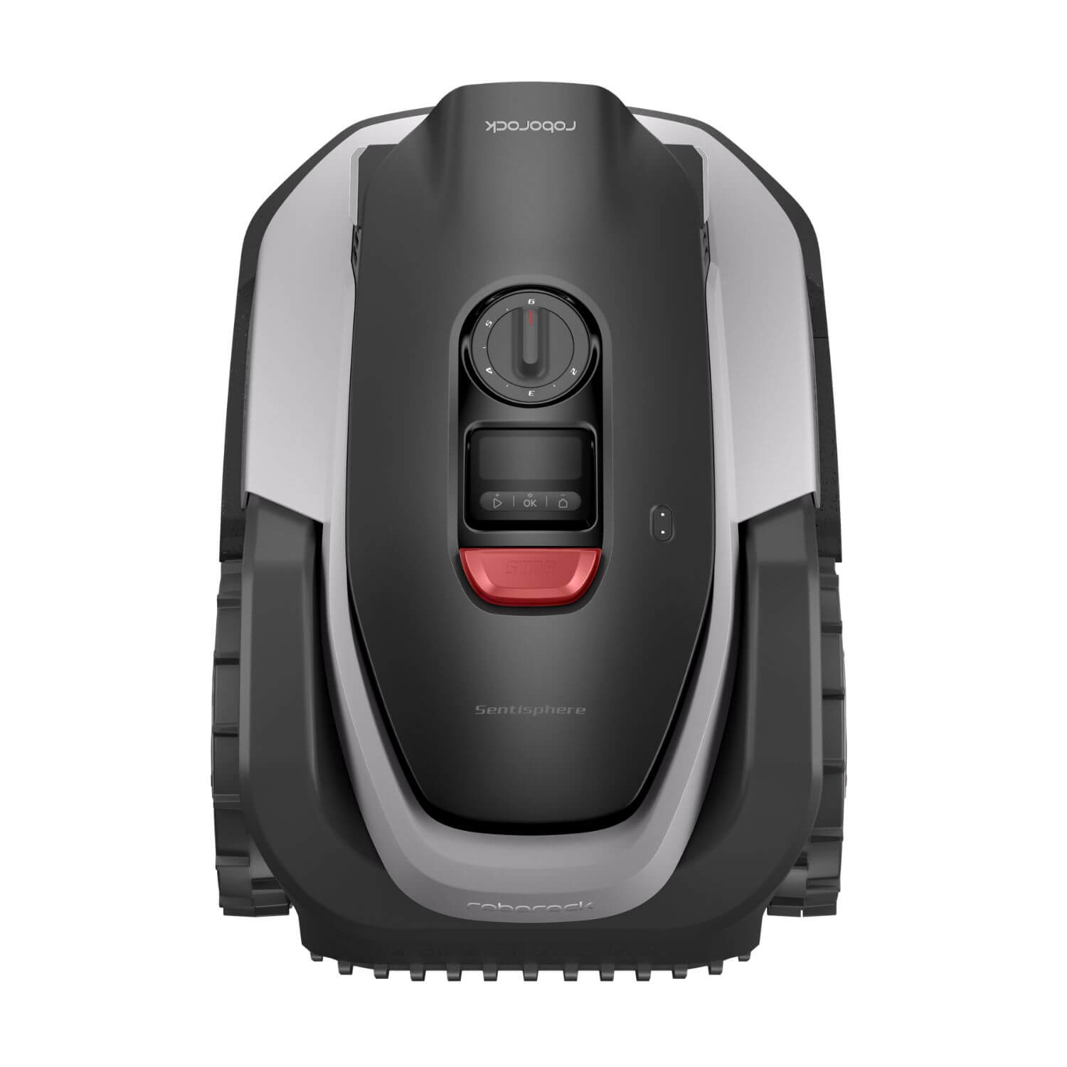 Roborock Neo Q105/Q110 rajalangaton robottiruohonleikkuri värissä harmaa/musta, robotin kansi päältä päin kuvattuna.