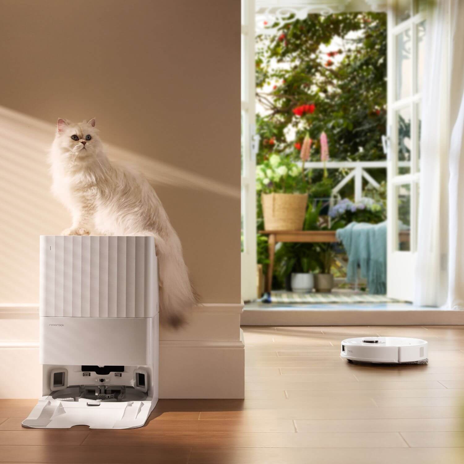 Roborock QR 798 robotti-imuri & -moppi, valkoinen robotti ja kissa kotona ikkunan äärellä.