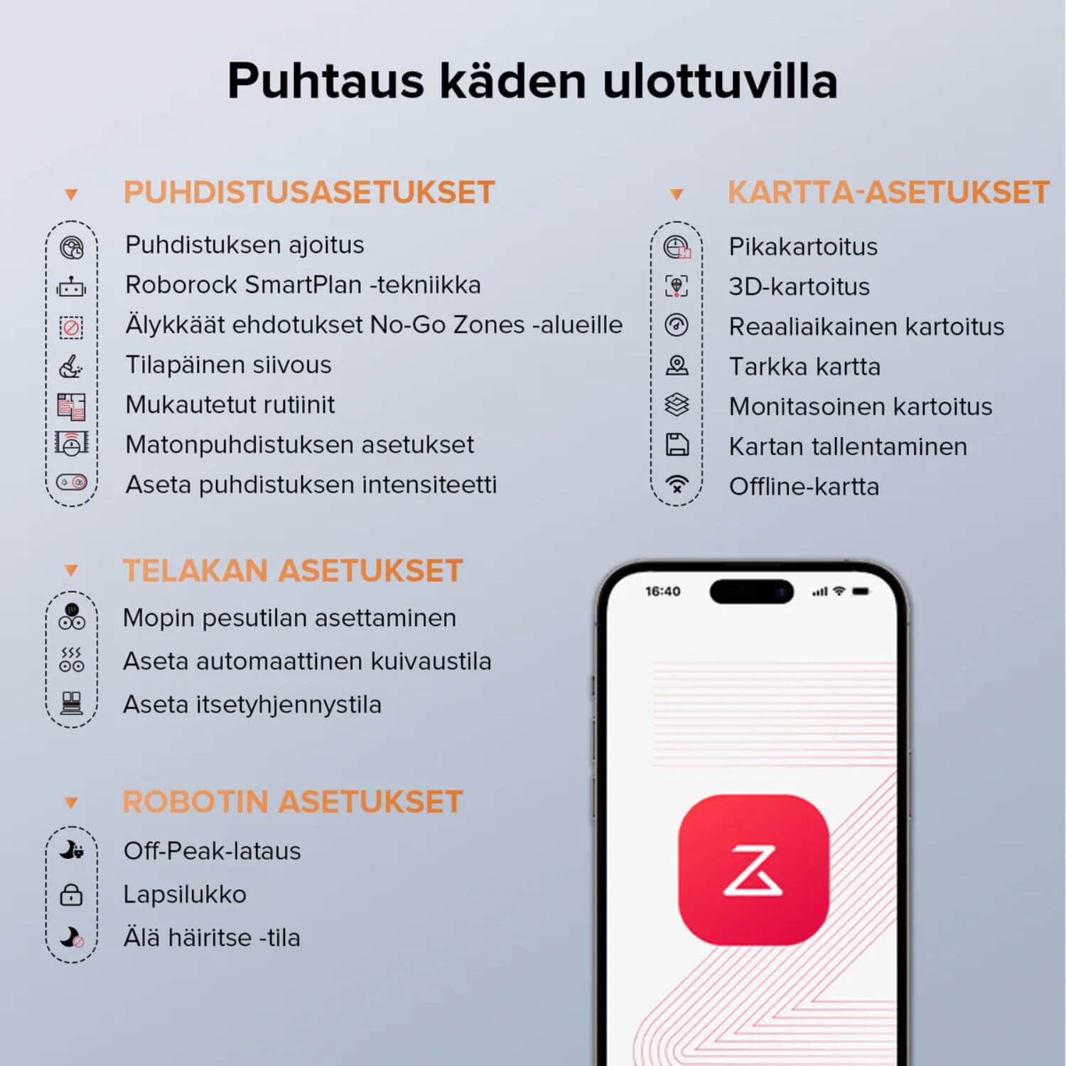 Puhtaus käden ulottuvilla - Roborock Qrevo Edge 5V1 ohjaus ja asetukset älypuhelimesta