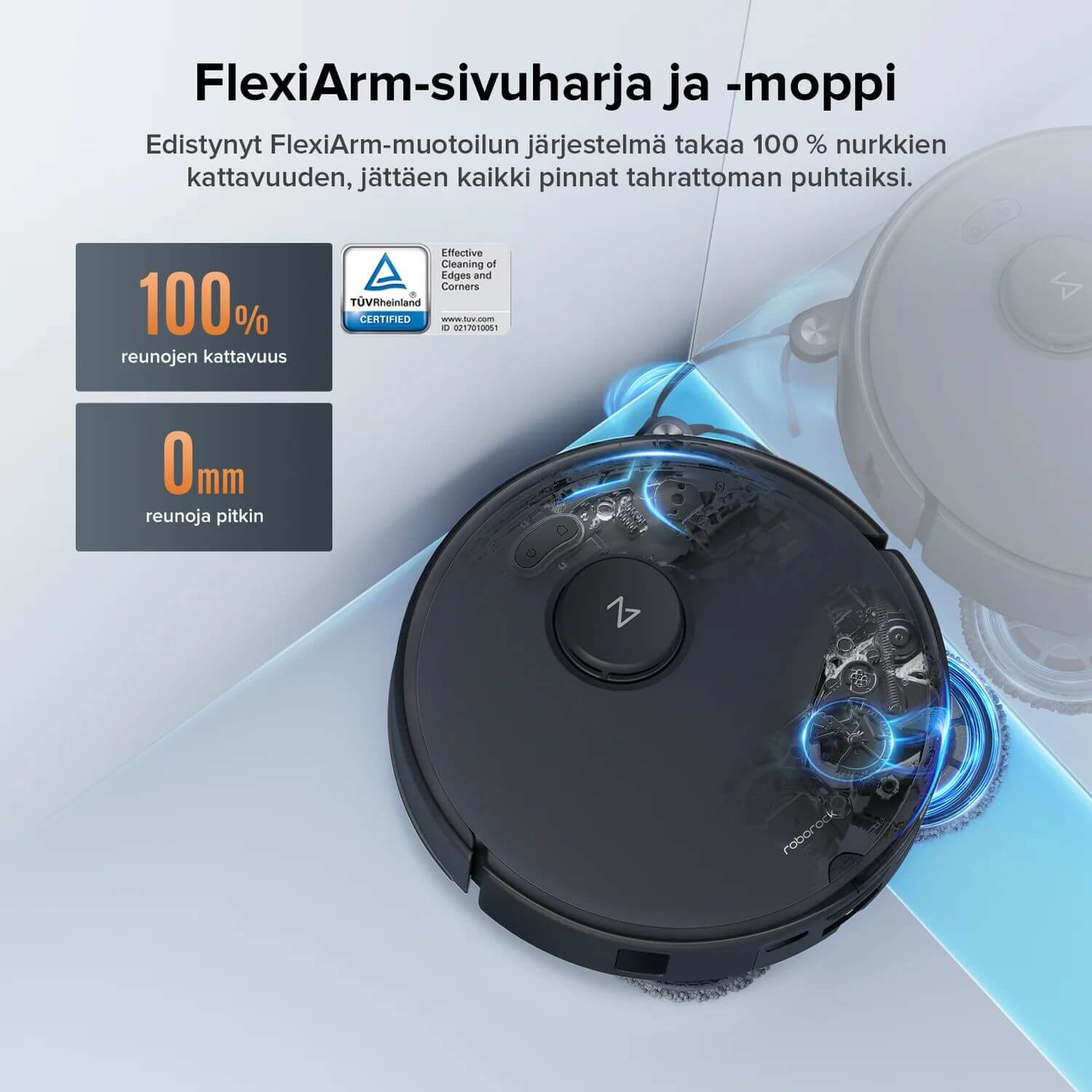 Roborock Qrevo Edge 5V1 FlexiArm-sivuharja ja -moppi, 100% reunojen kattavuus, jättää pinnat puhtaiksi.