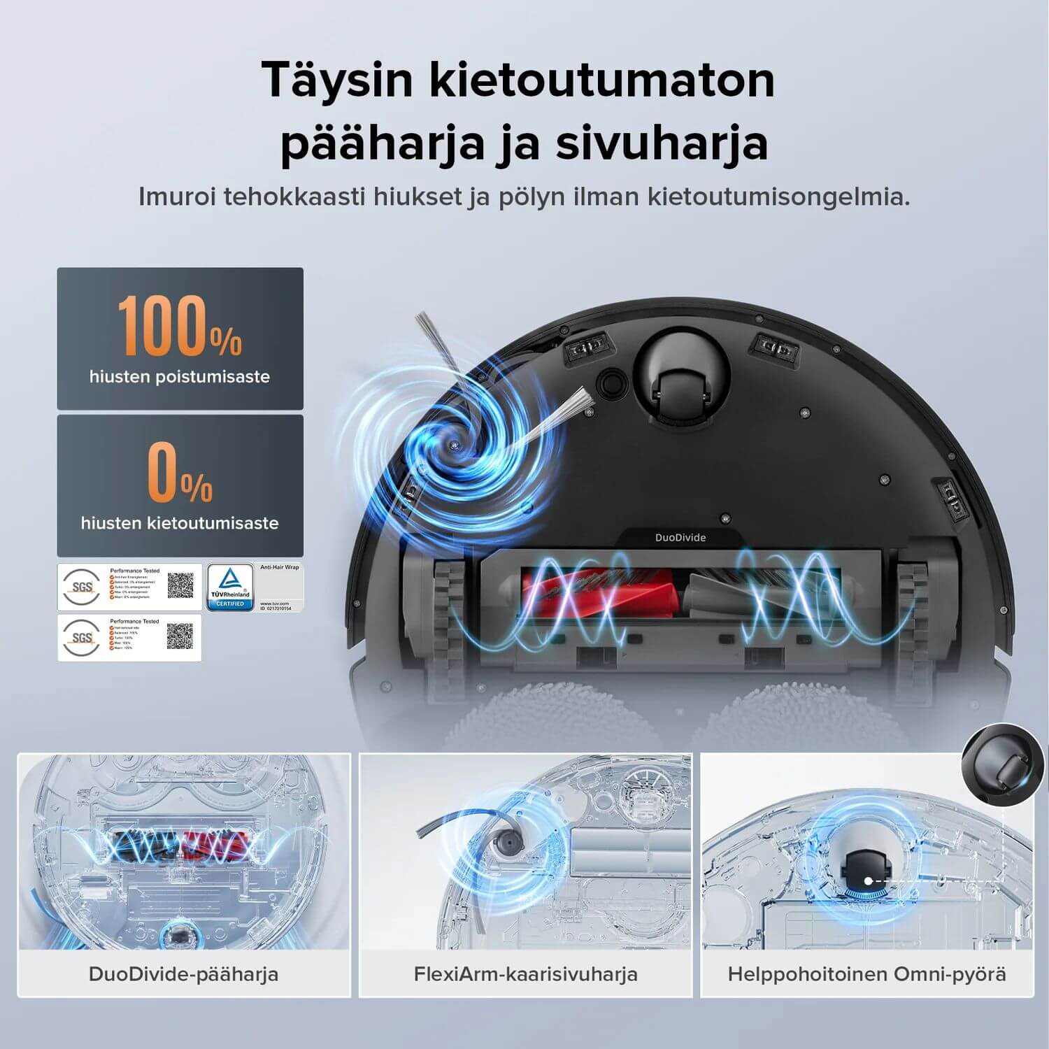 Roborock Qrevo Edge 5V1 täysin kiertoutumaton pääharja ja sivuohjain, tehokas hiusten ja pölyn imurointi.