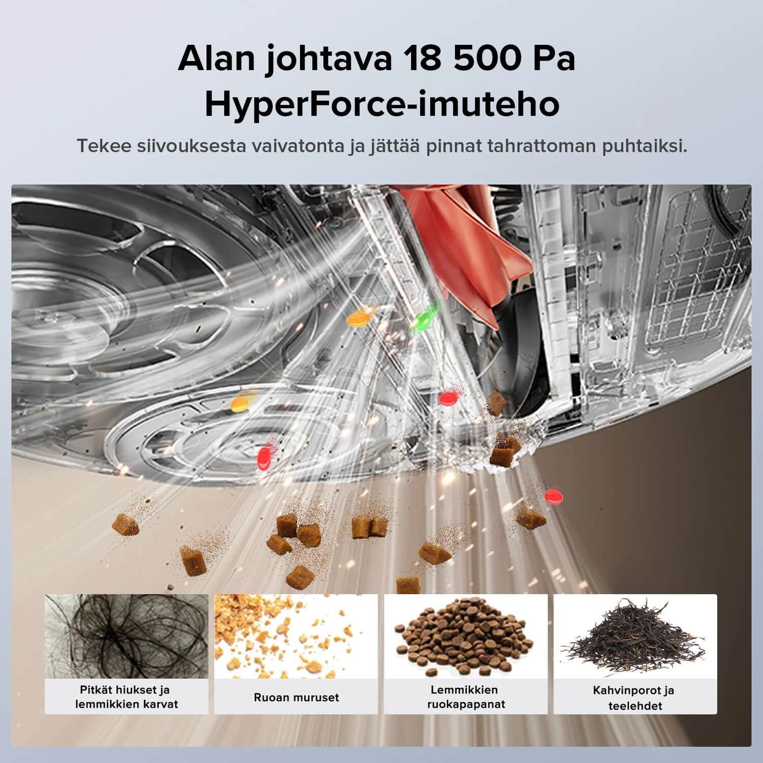 Roborock Qrevo Edge 5V1 HyperForce-imuteho 18 500 Pa puhdistaa tehokkaasti lattiapinnat ja karvat.