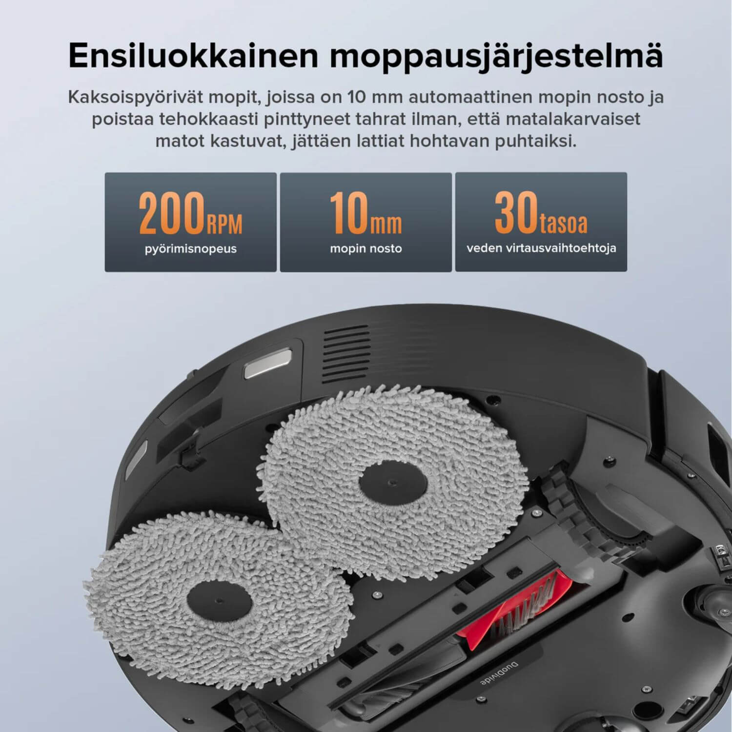 Roborock Qrevo Edge 5V1 ensiluokkainen moppijärjestelmä, 200RPM, 10mm mopin nosto, 30 tasoa veden virtaussuosituksia.