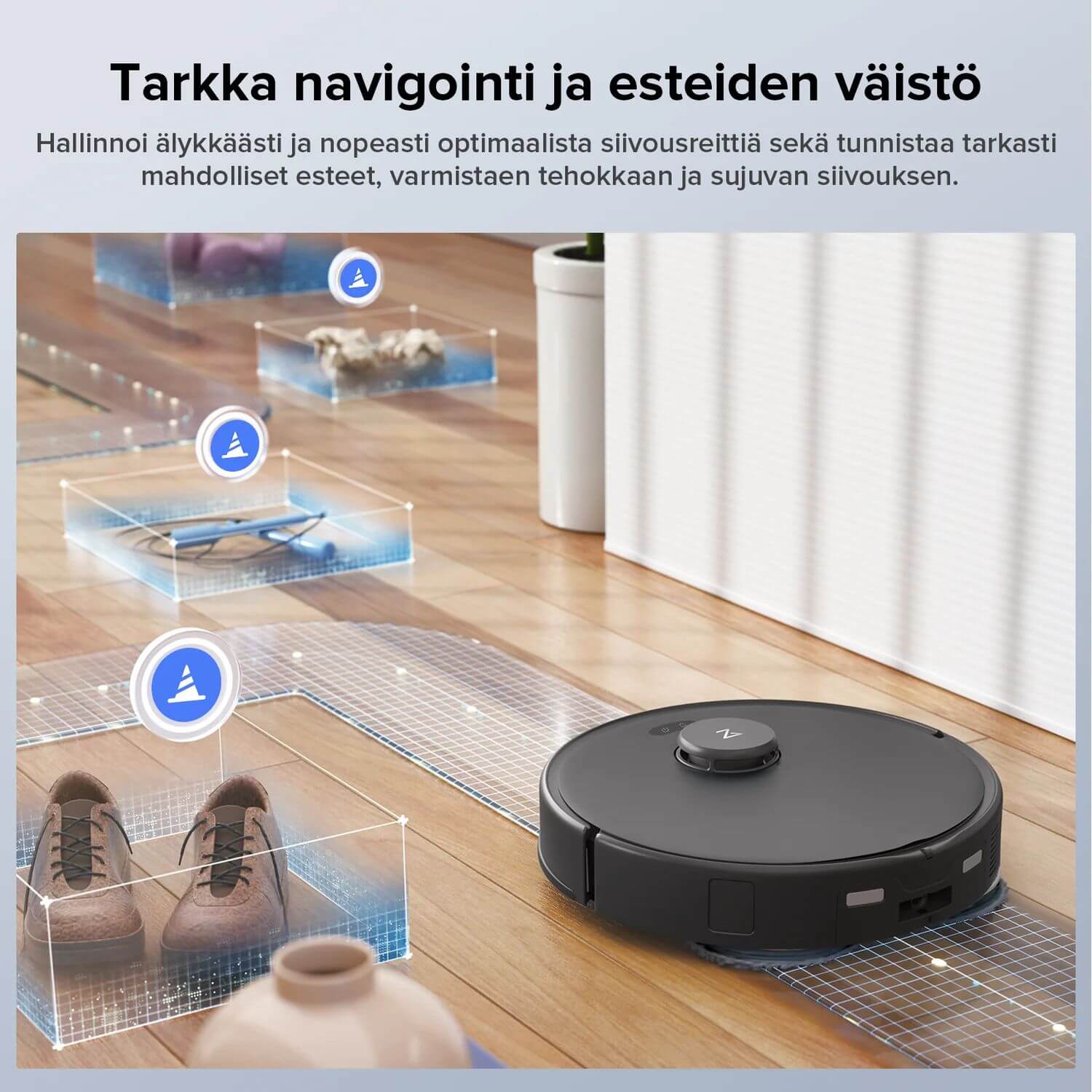 Roborock Qrevo Edge 5V1 robotti-imuri tarkka navigointi esteiden väistöllä, tehokas siivousteknologia.