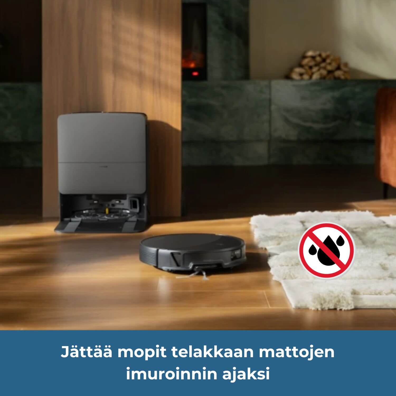 Roborock Saros 20 robotti-imuri jättää mopit telakkaan automaattisesti mattoja imuroitaessa, jotta matot pysyvät kuivana.