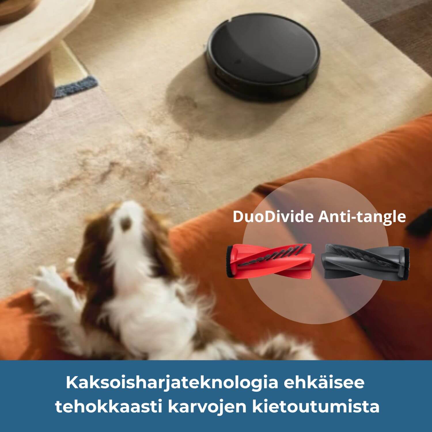 Roborock Saros 20 robotti-imurissa on DuoDivide anti-tangle kaksoisharjateknologia, joka ehkäisee tehokkaasti karvojen kietoutumista harjan ympärille - ihanteellinen lemmikkitalouteen.