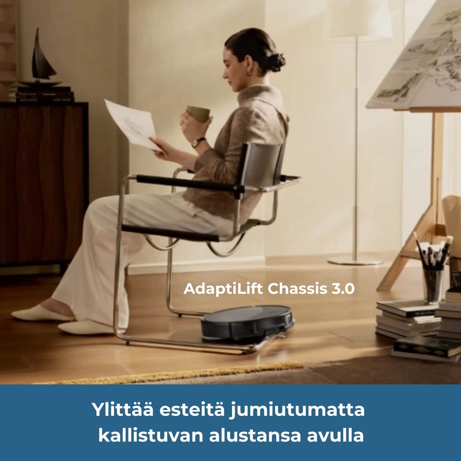Roborock Saros 20 robotti-imurissa on  kallistuva AdaptiLift Chassis 3.0 -alusta, jonka ansiosta robotti ylittää esteitä jumiutumatta.