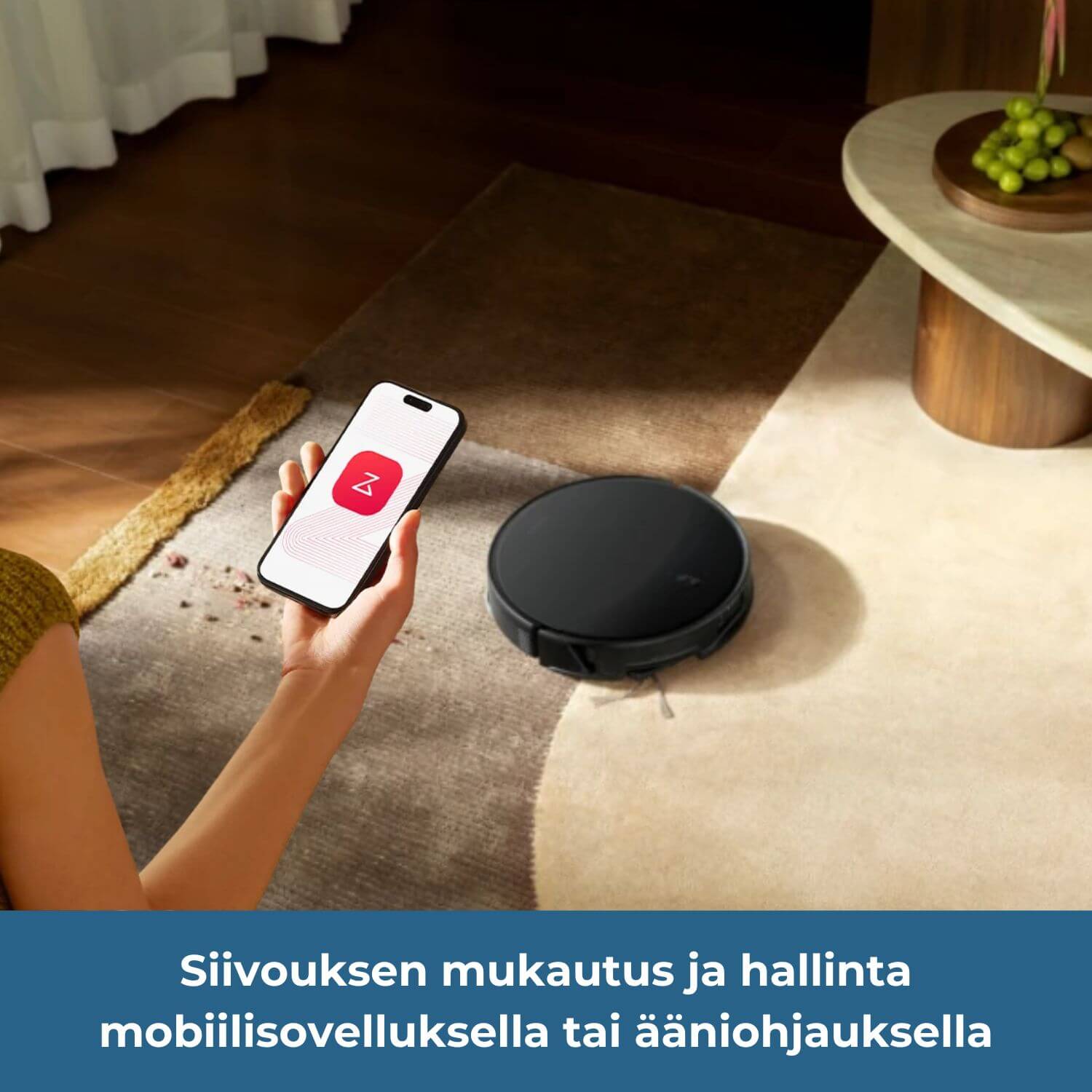 Roborock Saros 20 robotti-imurin siivousta hallitaan ja mukautetaan mobiilisovelluksella tai ääniohjauksella.