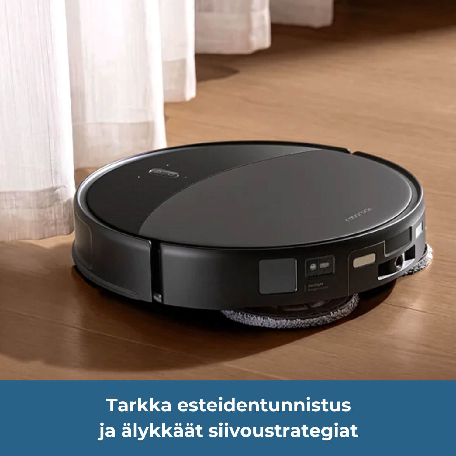 Roborock Saros 20 robotti-imurissa on tarkka esteidentunnistus ja älykkäät automaattiset siivousstrategiat, esim. verhojen takaa imurointiin.