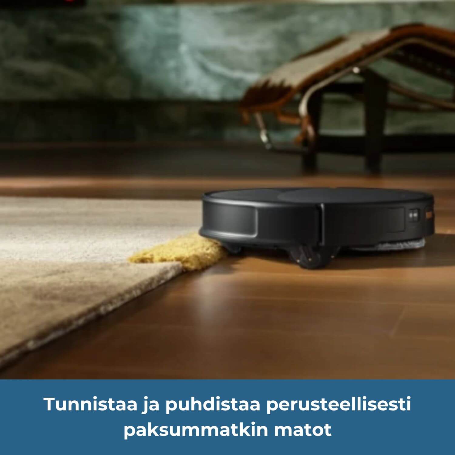 Roborock Saros 20 robotti-imuri tunnistaa ja puhdistaa perusteellisesti paksummatkin matot (nukan pituus max 3 cm).
