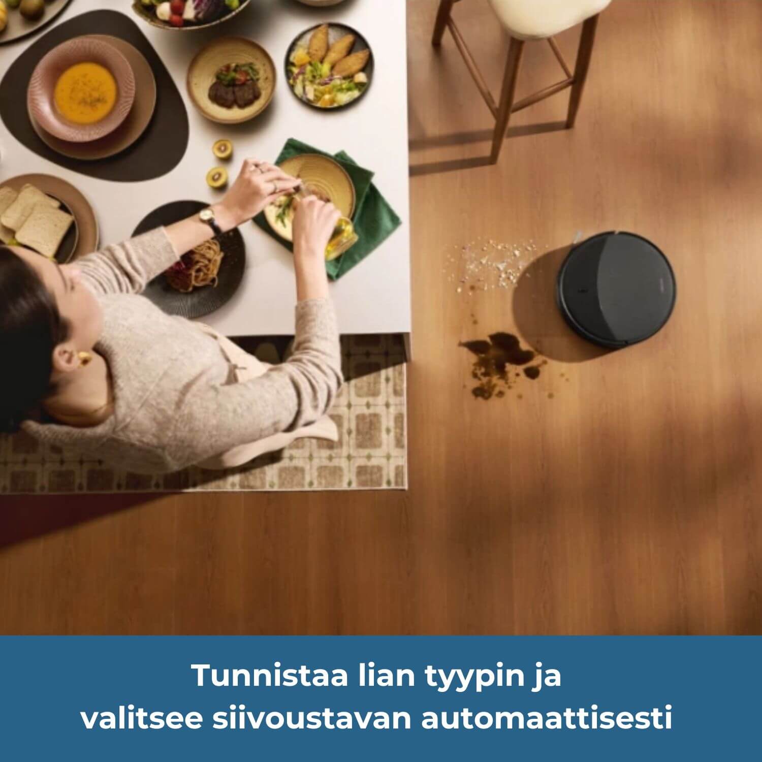 Roborock Saros 20 robotti-imuri tunnistaa lian tyypin ja valitsee siivoustavan automaattisesti (kuiva-/märkäpesu).