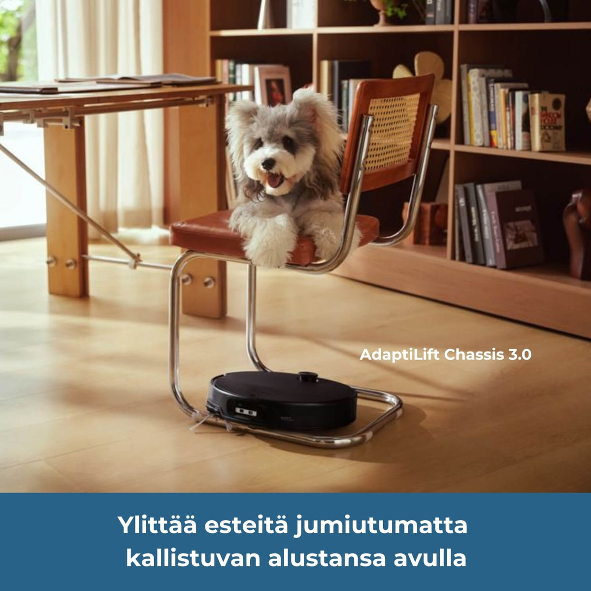 Roborock Saros 20 Neo robotti-imurin kallistuva AdaptiLift chassis 3.0 -alusta ylittää esteitä jumiutumatta, esimerkiksi u-muotoiset huonekalujalat.