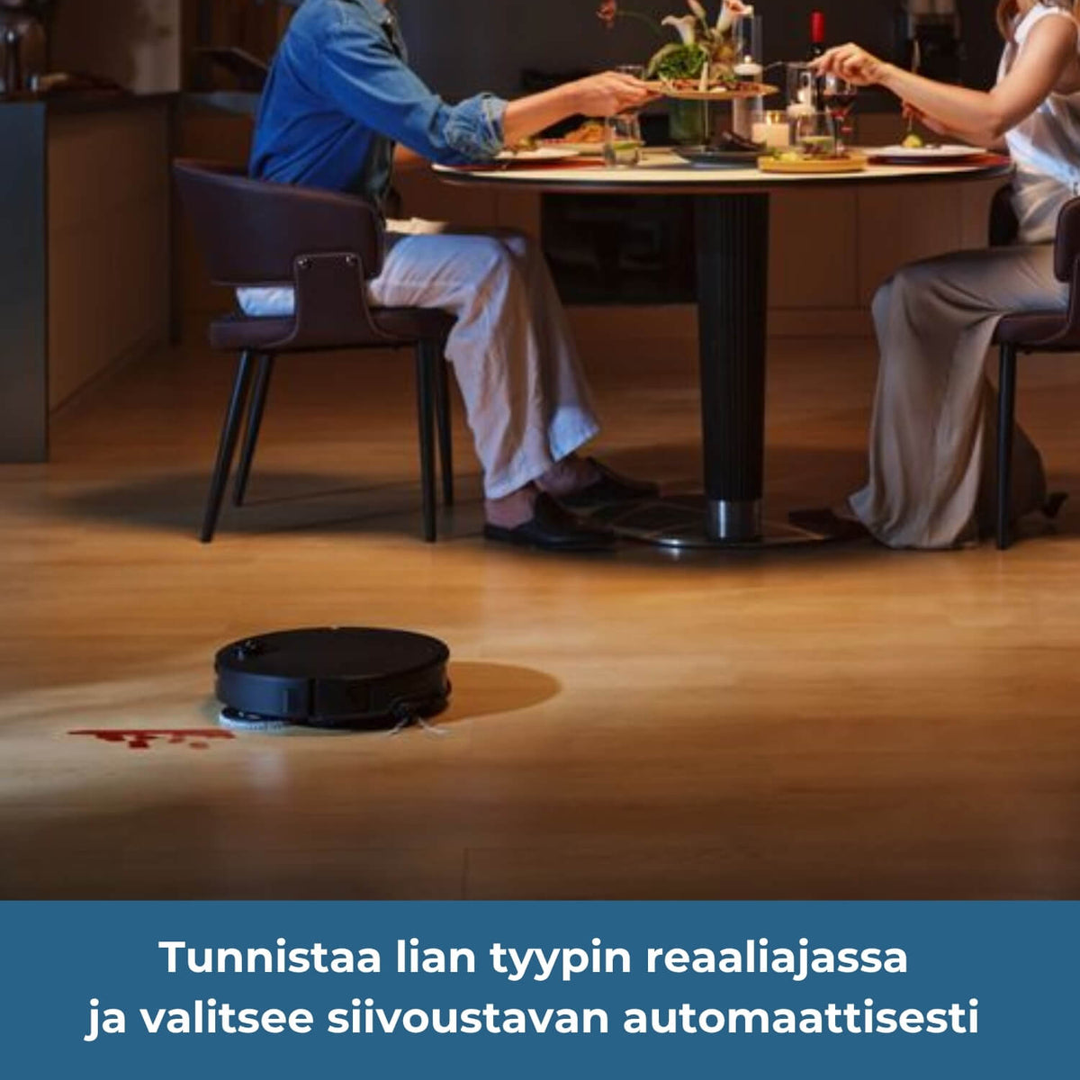 Roborock Saros 20 Neo robotti-imuri tunnistaa lian tyypin reaaliajassa ja valitsee tahralle sopivan siivoustavan automaattisesti.