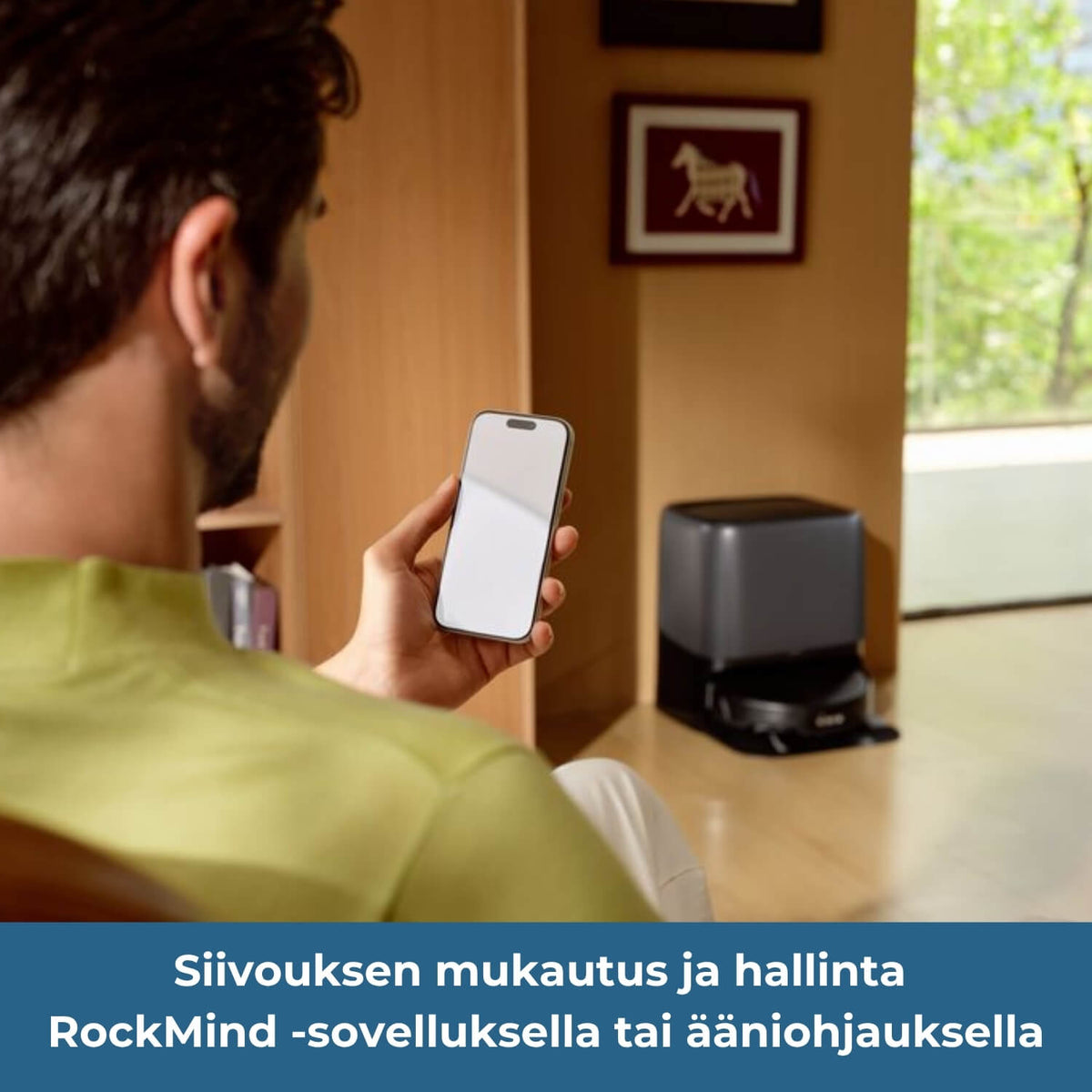 Roborock Saros 20 Neo robotti-imurin siivousta mukautetaan ja hallitaan RockMind-mobiilisovelluksella tai ääniohjauksella.