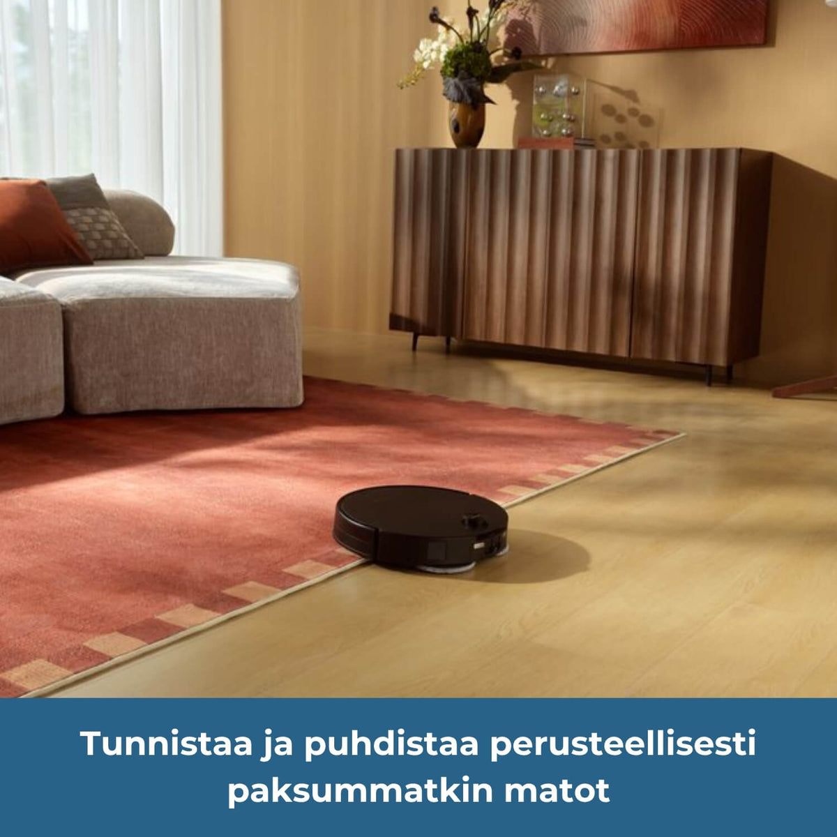 Roborock Saros 20 Neo robotti-imuri tunnistaa ja puhdistaa perusteellisesti paksummatkin matot CarpetBoost-toiminnolla.