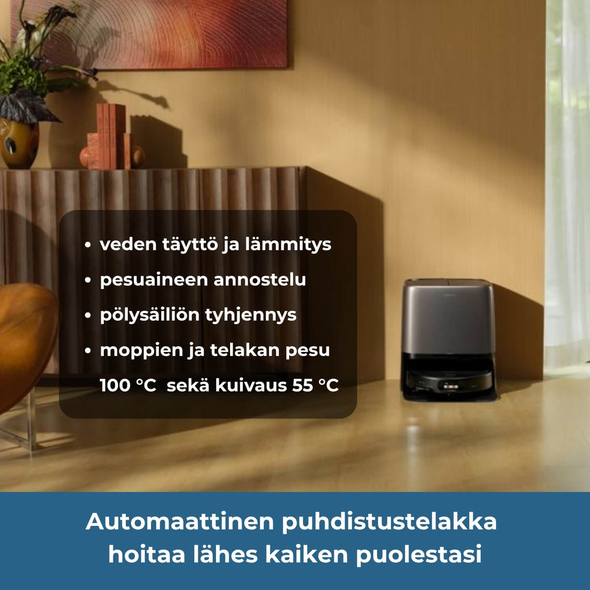 Roborock Saros 20 Neo robotti-imurissa on monitoimitelakka, joka täyttää ja lämmittää veden robottiin, annostelee pesuaineen, tyhjentää pölysäiliön, pesee mopit ja telakan jopa 100 asteessa ja kuivaa 55 asteessa.