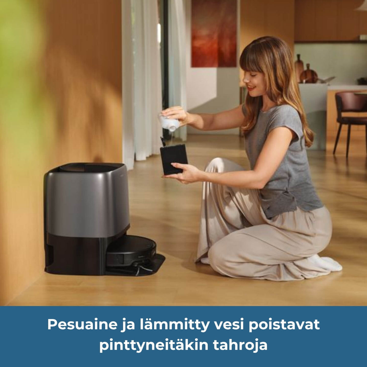 Roborock Saros 20 Neo robotti-imurin pesuaine ja lämmitetty vesi poistavat myös kuivuneita tai pinttyneitä tahroja.
