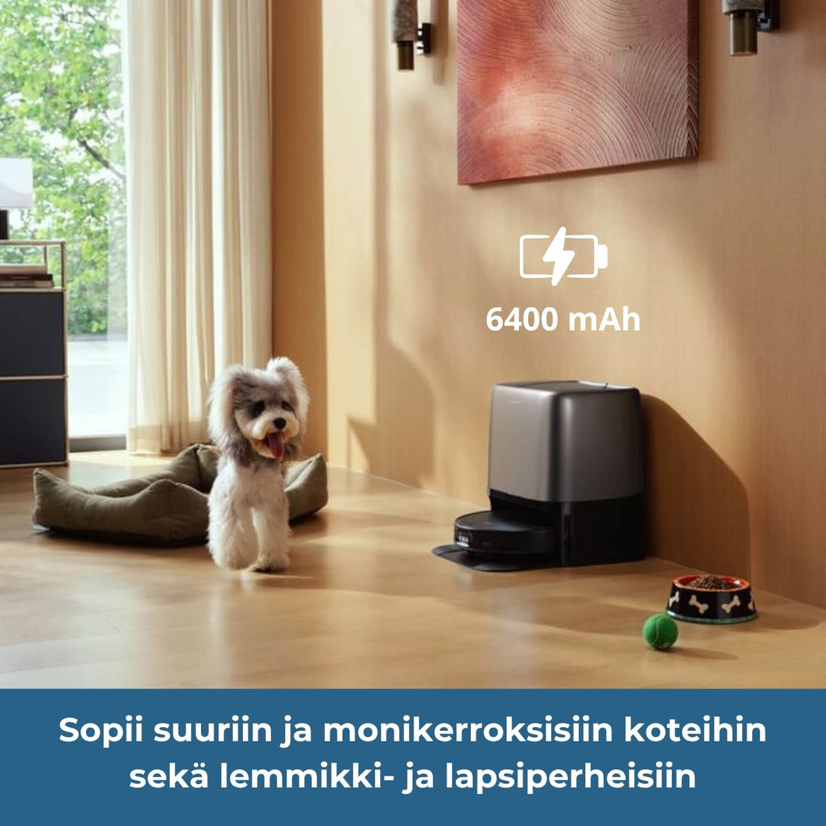 Roborock Saros 20 Neo robotti-imurissa on 6400 mAh akku, minkä vuoksi se sopii suuriin ja monikerroksisiin koteihin. Lisäksi se on mainio valinta lemmikki- ja lapsiperheille.
