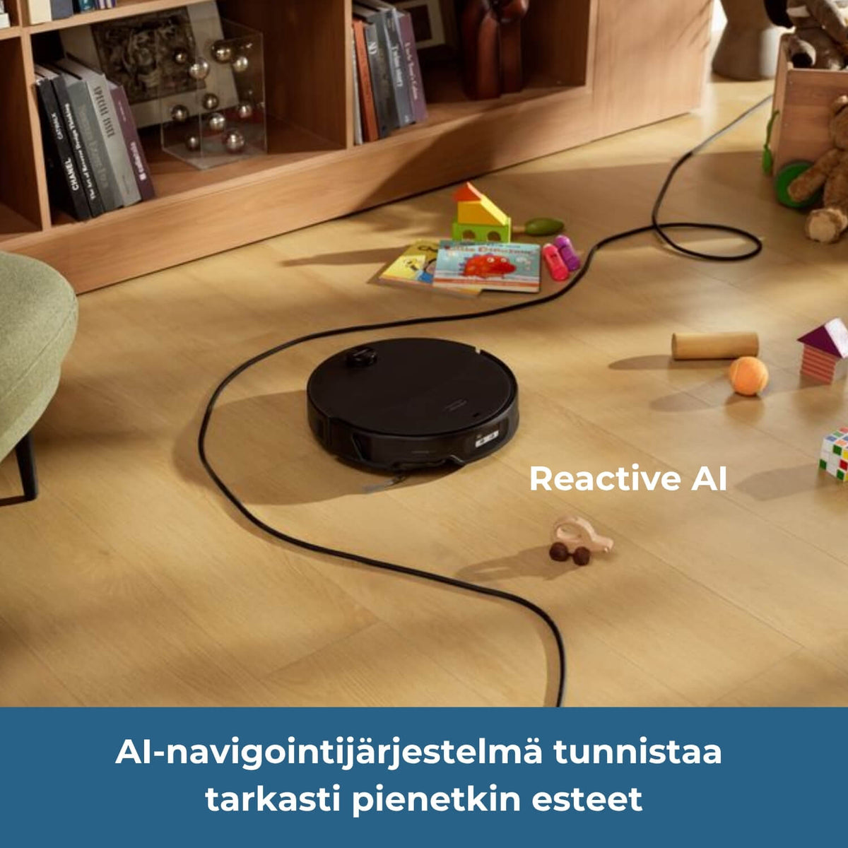 Roborock Saros 20 Neo robotti-imurissa on Reactive AI -navigointijärjestelmä, joka tunnistaa tarkasti pienetkin esteet.