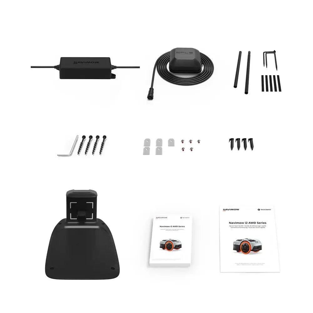 Segway Navimow i2 E AWD rajalangaton robottiruohonleikkurin mukana tulevat tarvikkeet: Latausasema ja virtalähdeGNSS-antenni (fyysinen antenni kaksoisvarmistukseen), antennin asennussarja (jalusta ja jatkojohto), varaterät ja kiinnitysruuvit (5 kpl / Blade Assembly Plus), käyttöohje ja pikaopas.