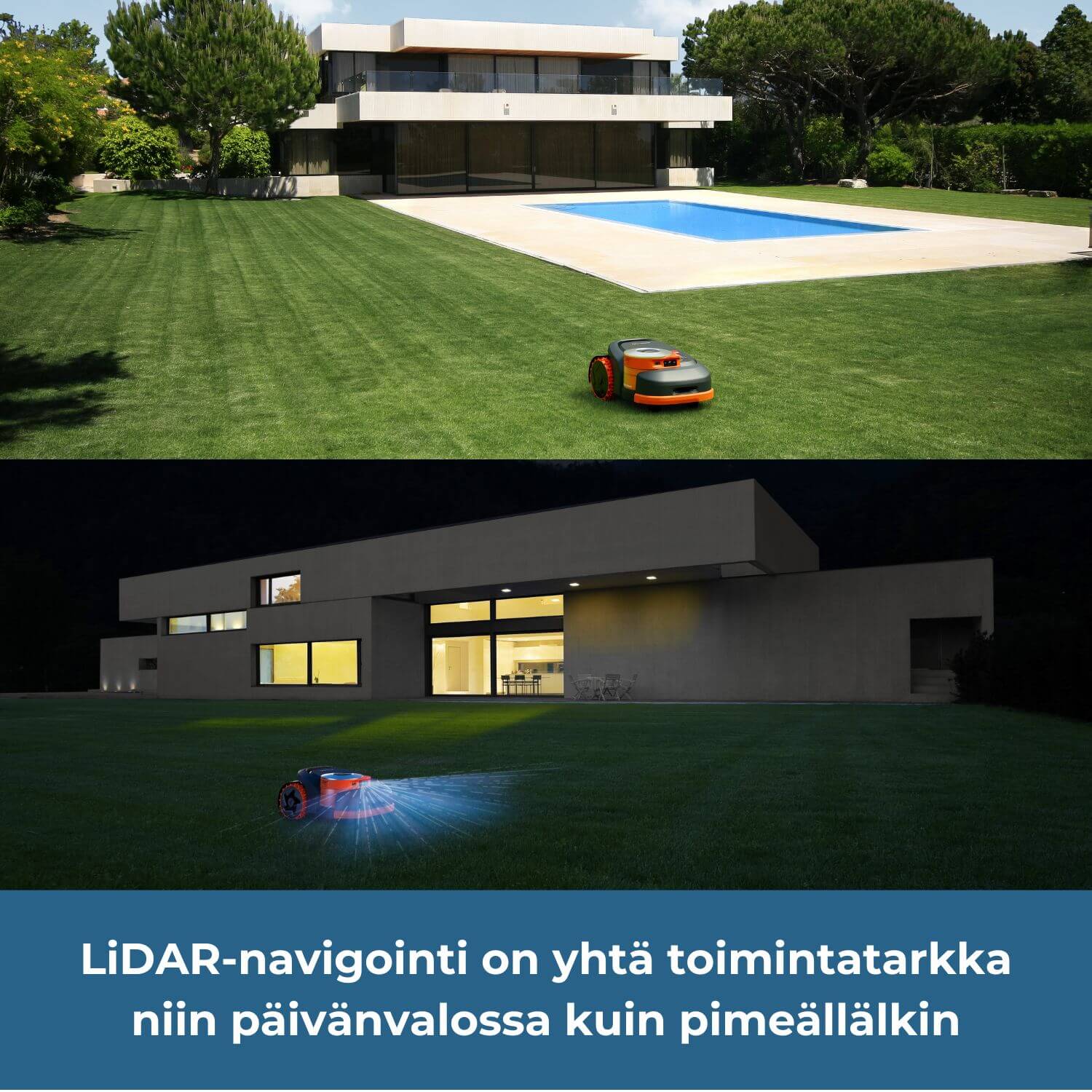 Segway Navimow H2 E robottileikkurin LiDar-teknologiaa hyödyntävä navigointi on yhtä toimintatarkka niin päivänvalossa kuin pimeälläkin.