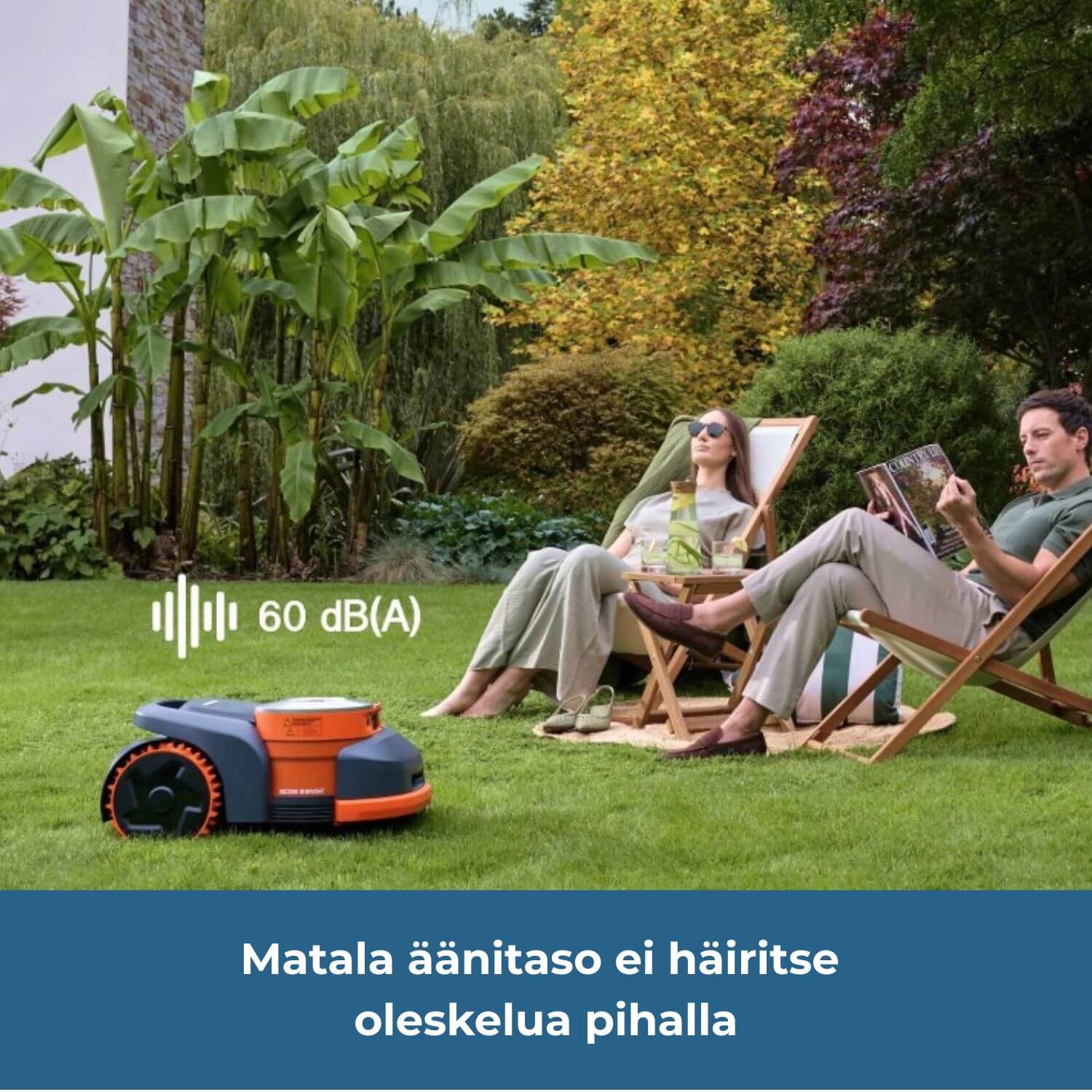 Segway Navimow H2 E robottileikkurin äänitaso on matala, 60 dB(A), joten se ei häiritse oleskelua pihalla.