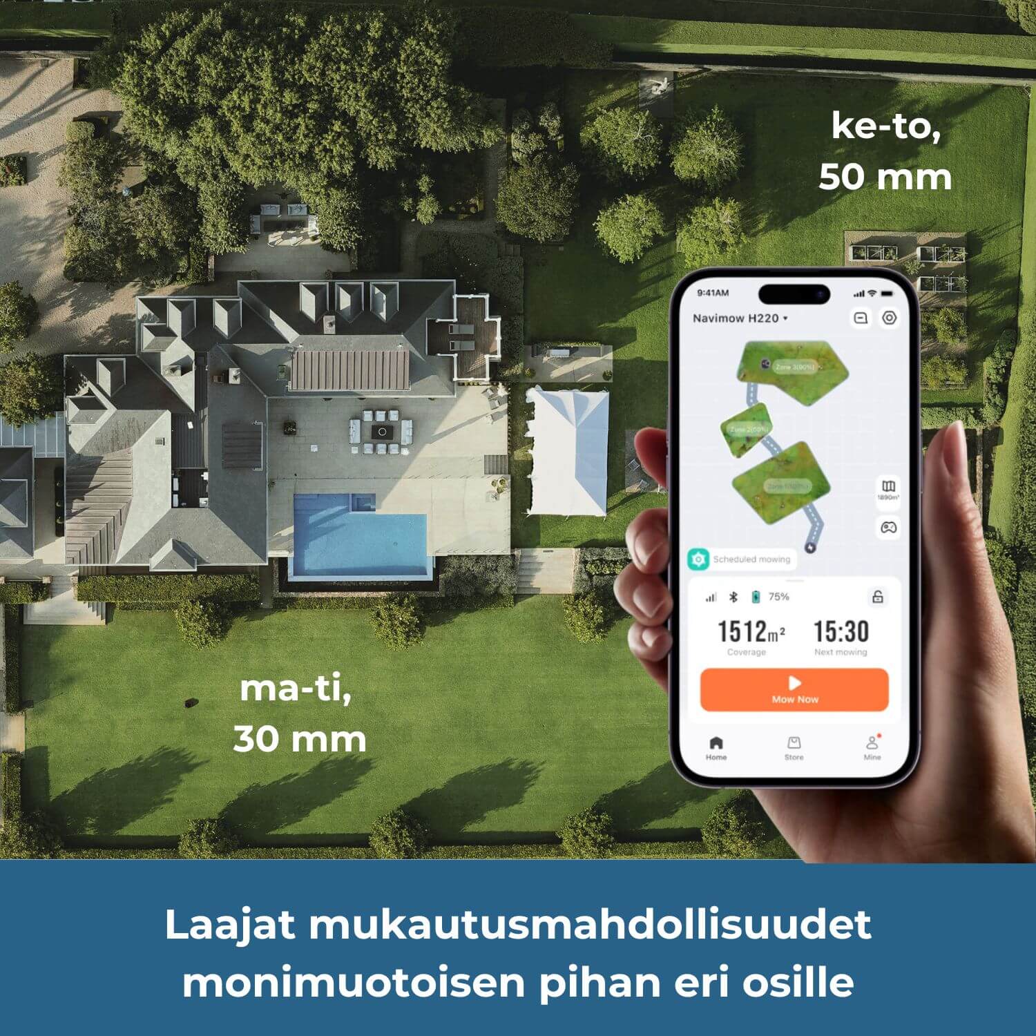 Segway Navimow H2 E robottileikkurin mobiilisovellus tarjoaa laajat mukautusmahdollisuudet monimuotoisenkin pihan eri osille. Voit esimerkiksi säätää leikkuukorkeuden tai ajastaa pihan eri osien leikkuut eri viikonpäiville.