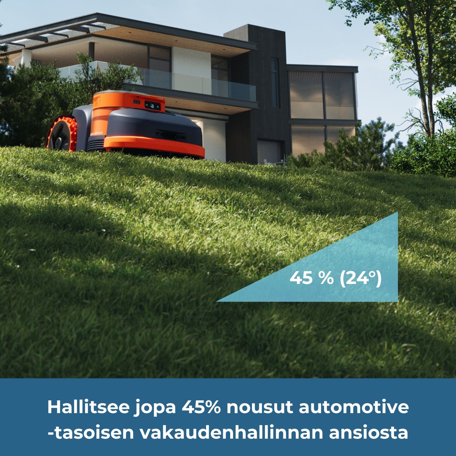 Segway Navimow H2_E robottileikkuri pystyy kiipeämään jopa 45% ja 24 asteen kaltevuuksisia rinteitä automotive-tasoisen vakaudenhallintajärjestelmänsä ansiosta.