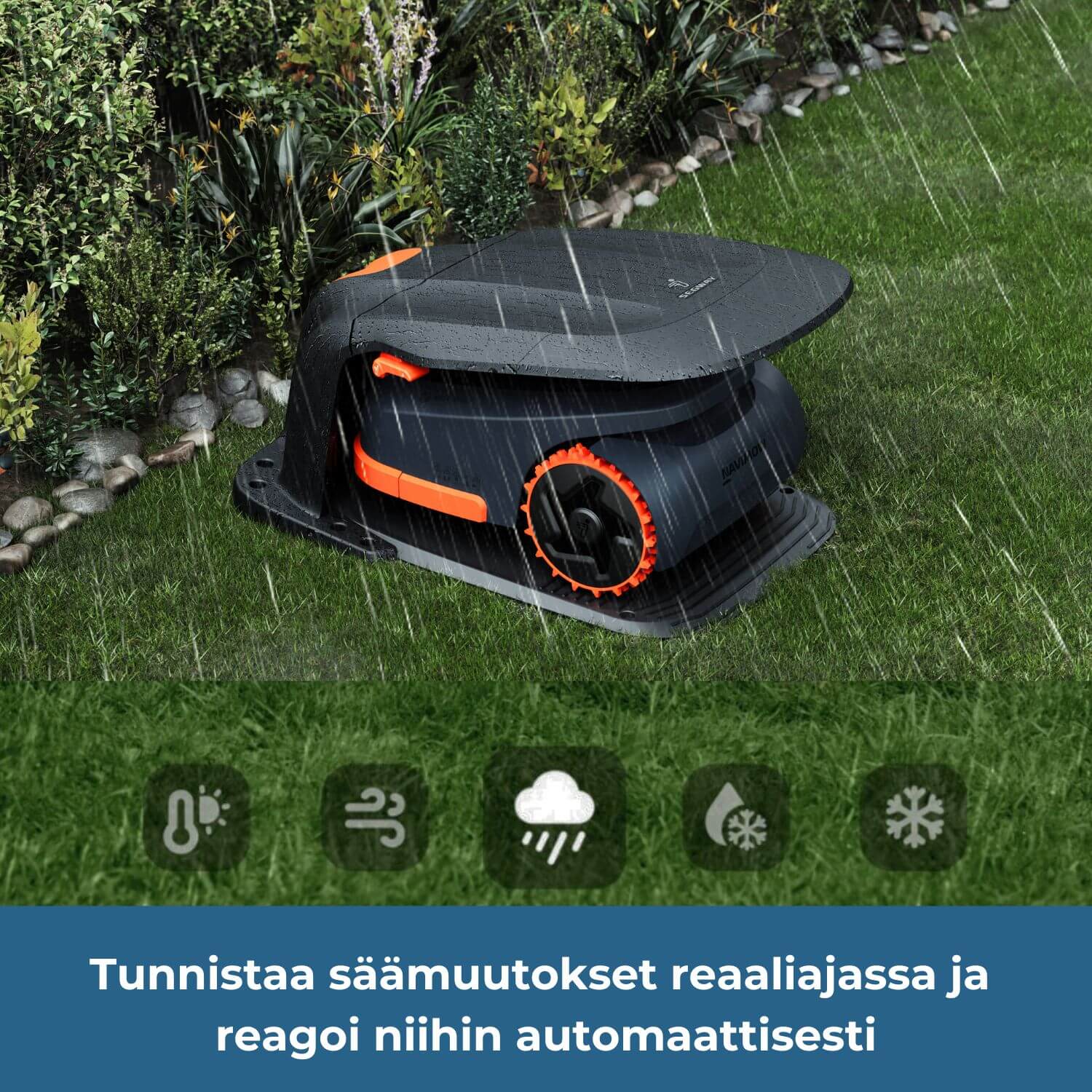 Segway Navimow H2_E robottileikkuri keskeyttää leikkuun ja palaa latausasemaan tai suojakatokseen, jos sääolosuhteet sen vaativat. Robotti tunnistaa säämuutokset (äärimmäinen kuumuus, kova tuuli, sade, pakkanen tai lumi) reaaliajassa ja reagoi niihin automaattisesti.