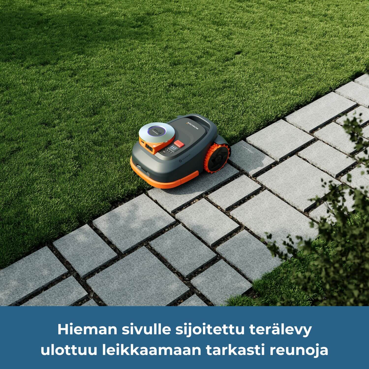 Segway Navimow H2_E robottileikkurin terälevy on sijoitettu hieman sivulle, jonka vuoksi se ulottuu leikkaamaan reunat tarkasti esimerkiksi seinän, pihakivetyksen tai polun vierestä.