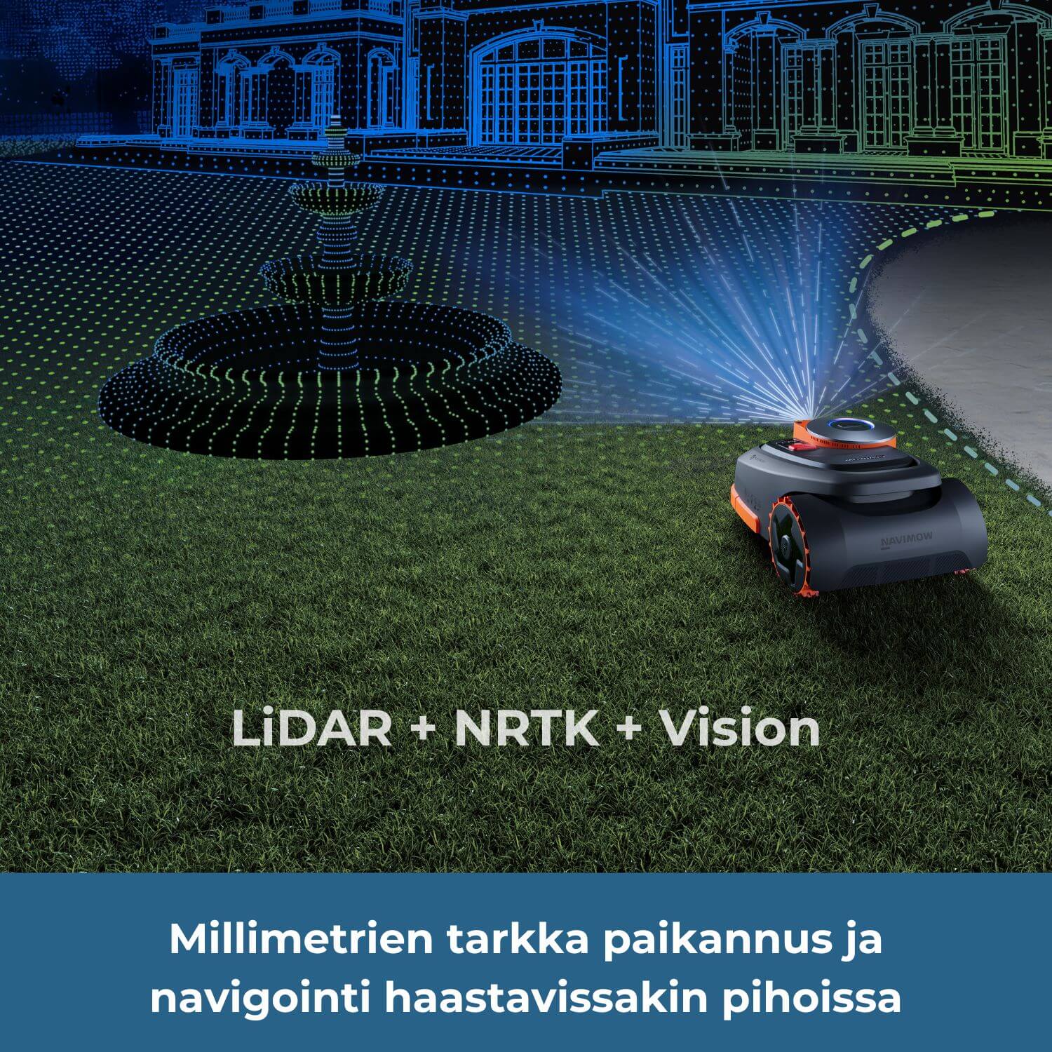 Segway Navimow H2 E rajalangaton robottileikkurissa on LiDAR + Network RTK + kamera Vision teknologioilla millimetrien tarkka paikannus ja navigointi haastavissakin pihoissa.