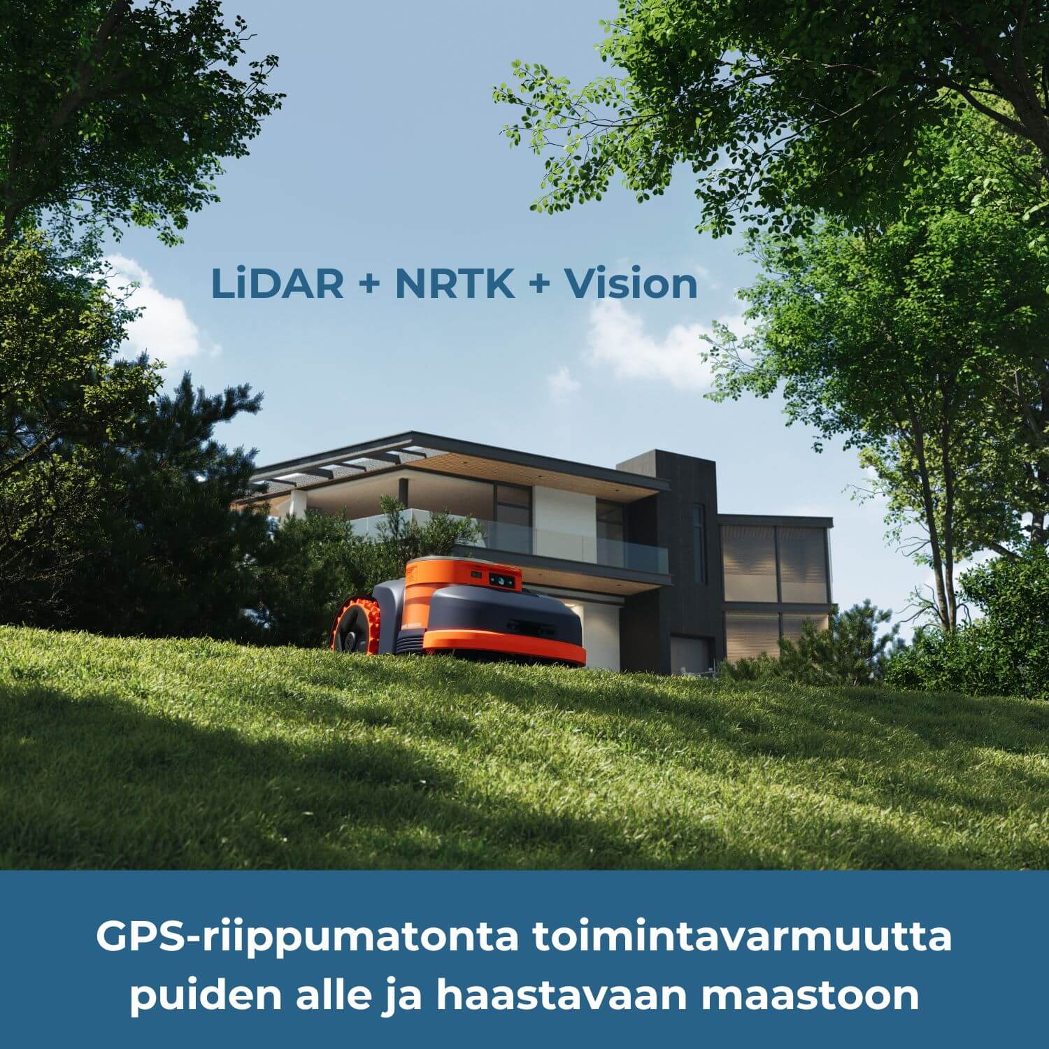 Segway Navimow H2 E rajalangaton robottileikkuri hyödyntää LiDAR + Network RTK + kamera Vision navigoinnissaan. GPS-riippumattomuus tuo toimintavarmuutta puiden alle ja haastavaan maastoon.