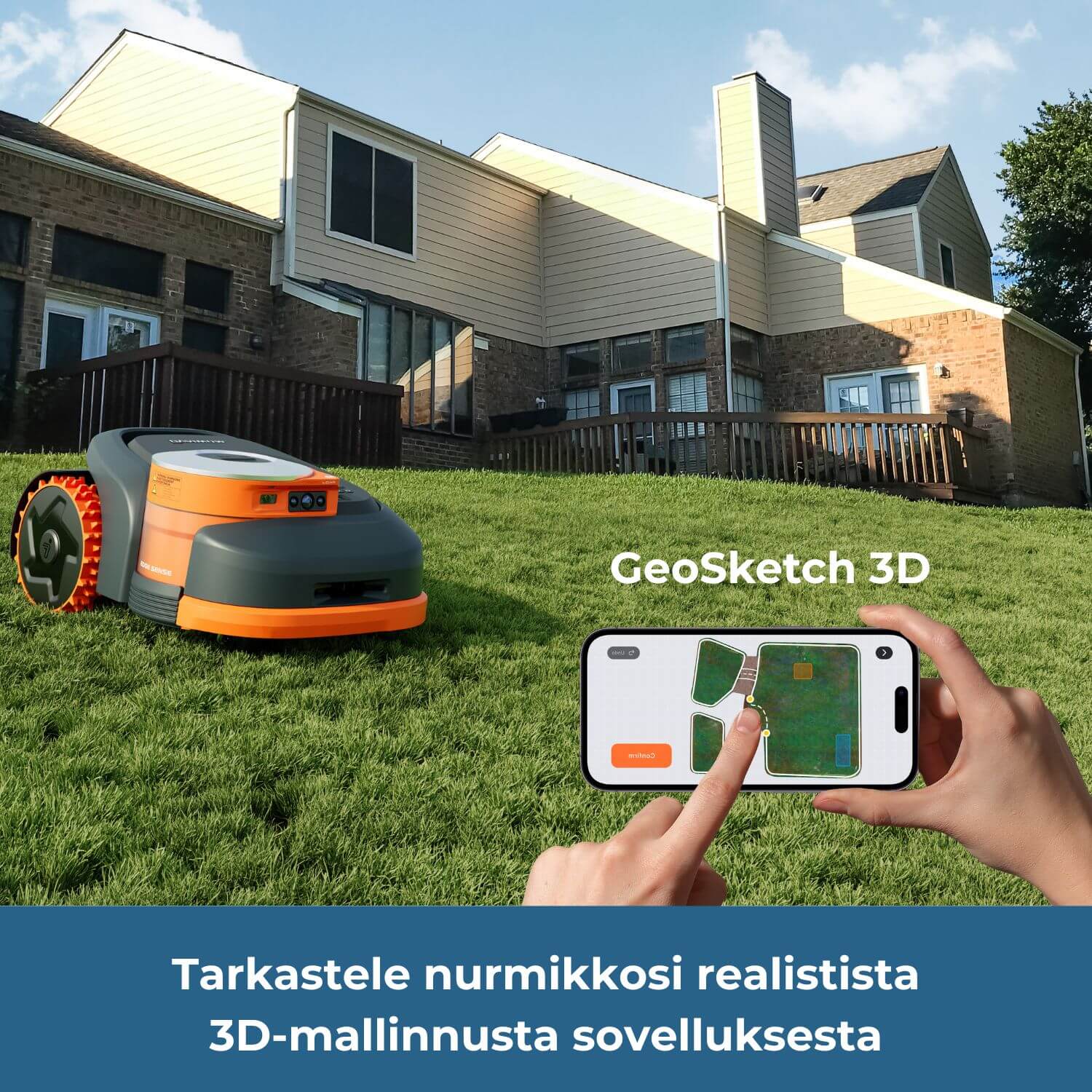 Segway Navimow H2_E robottileikkuri piirtää pihasta realistisen ja tarkan 3D-kartan puhelimen mobiilisovellukseen, jonka kautta voit tarkastella sitä ja asettaa esimerkiksi kieltoalueita.