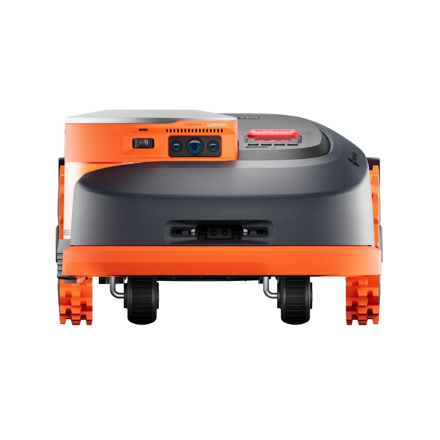 Segway Navimow H2 E robottileikkuri tuotekuva värissä musta/oranssi, suoraan edestä kuvattuna.