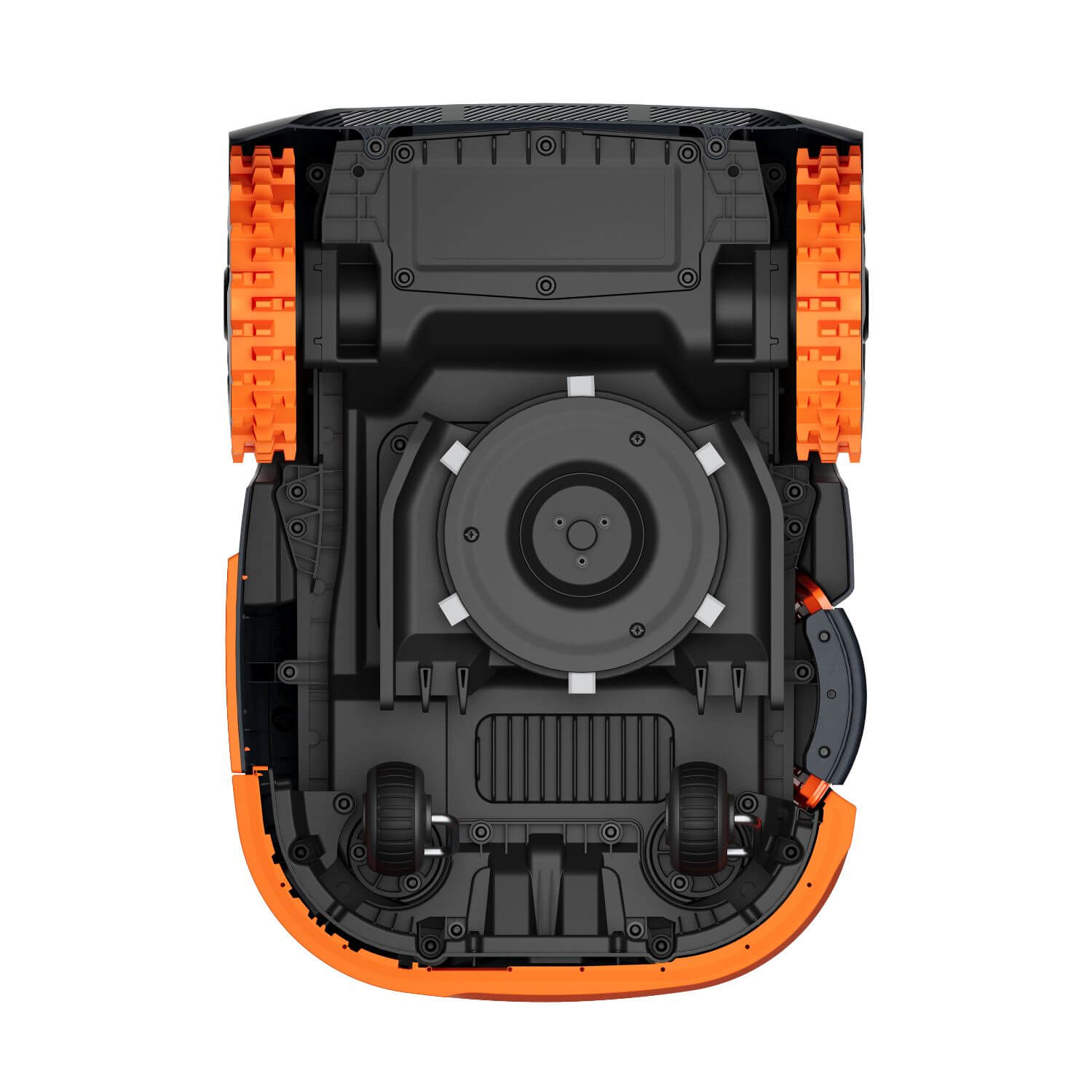 Segway Navimow H2 E robottileikkuri tuotekuva värissä musta/oranssi, pohjasta kuvattuna.