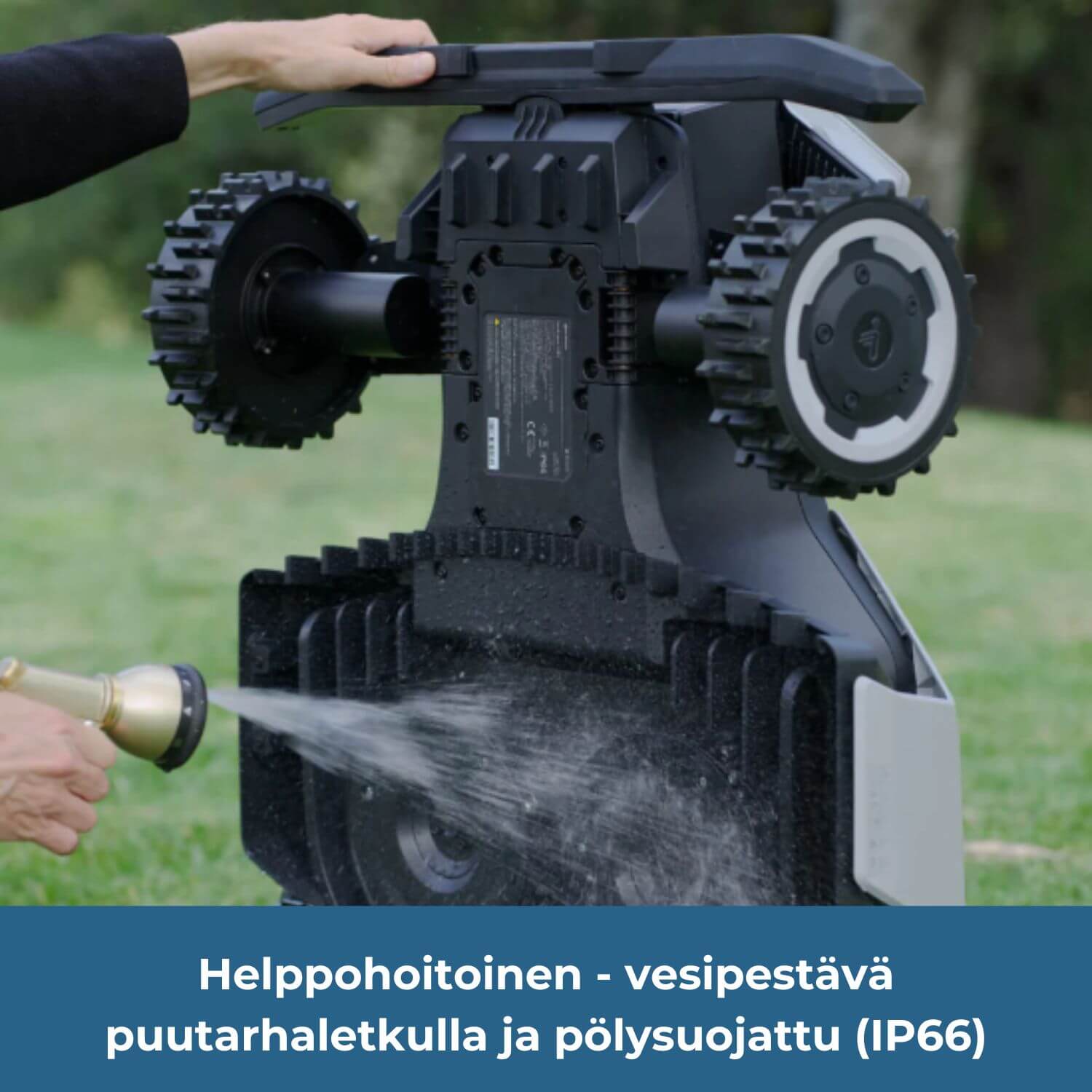 Segway Navimow X4 robottiruohonleikkuri on helppohoitoinen: vesipestävä puutarhaletkulla sekä pölysuojattu (luokitus IP66).